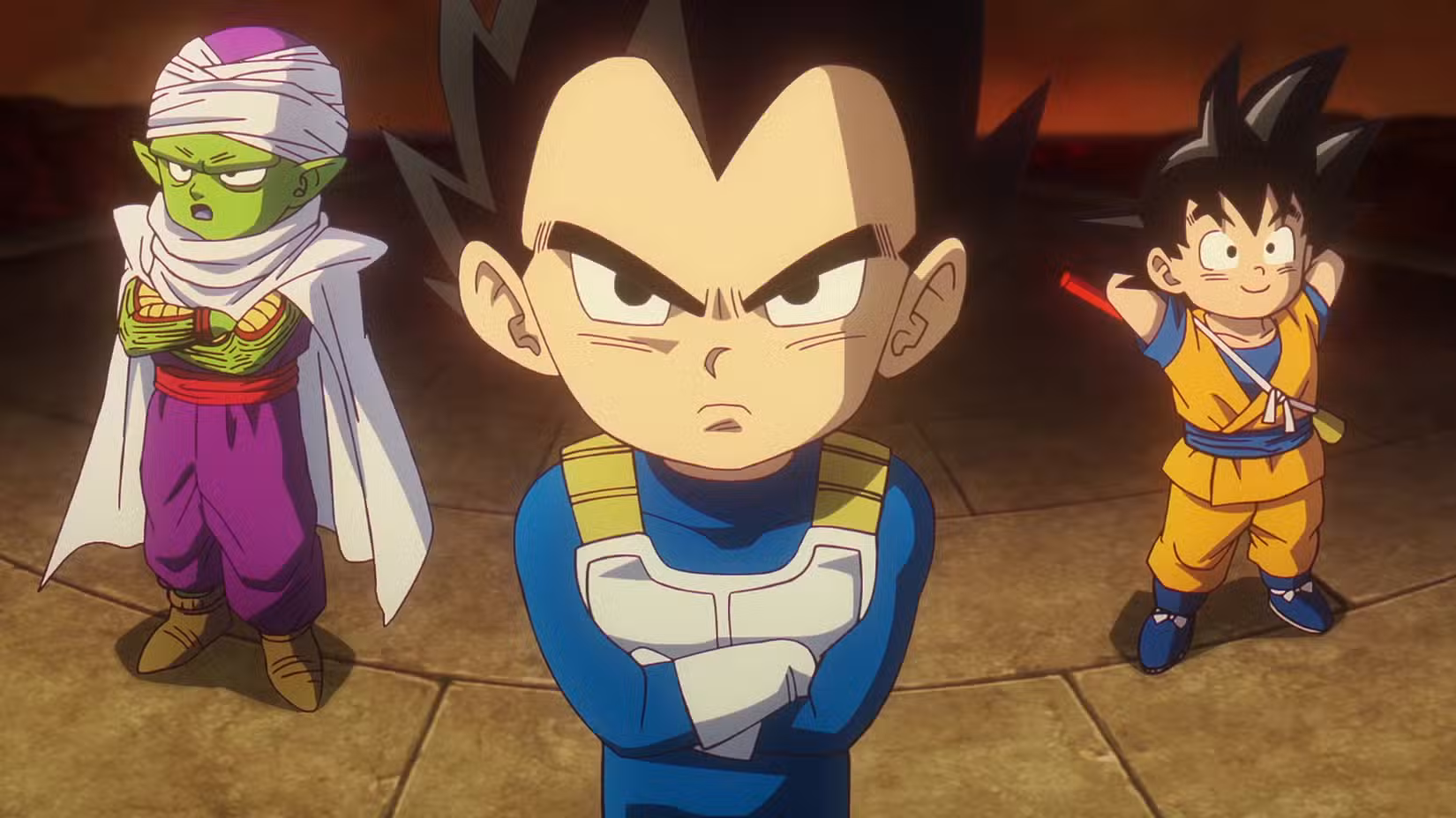 Vegeta, Goku e Piccolo parados antes de uma luta em Dragon Ball Daima 