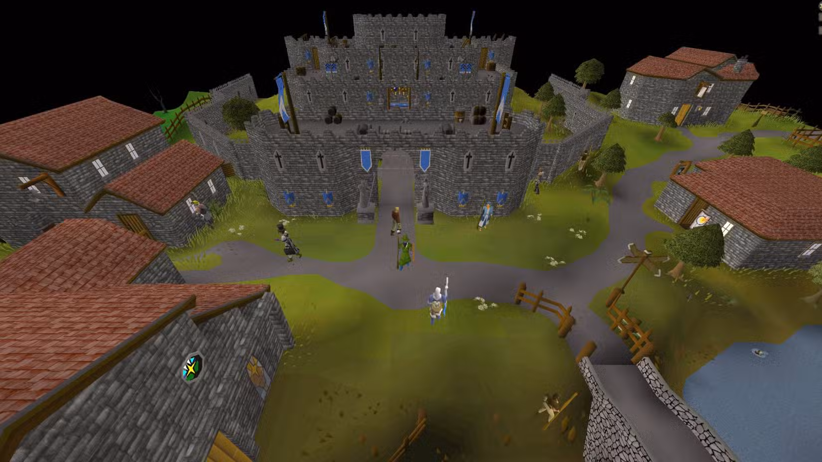 O jogador do lado de fora do Castelo de Lumbridge no Old School RuneScape.