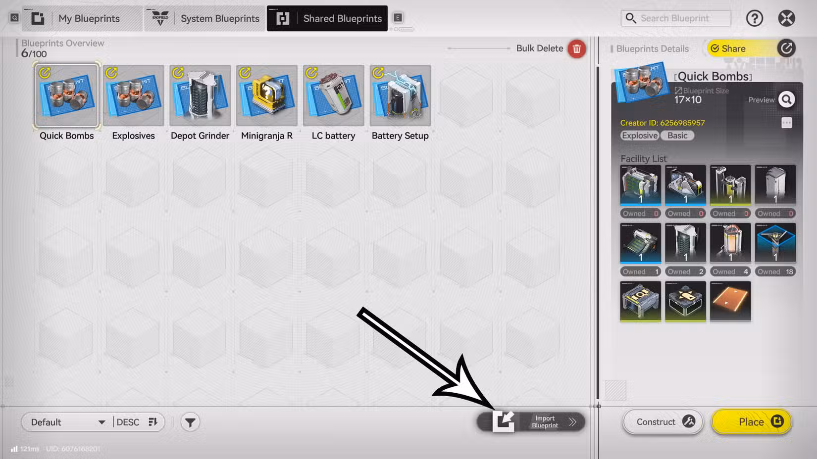 Uma montagem usando uma captura de tela de Arknights: Endfield mostrando onde importar um projeto no jogo