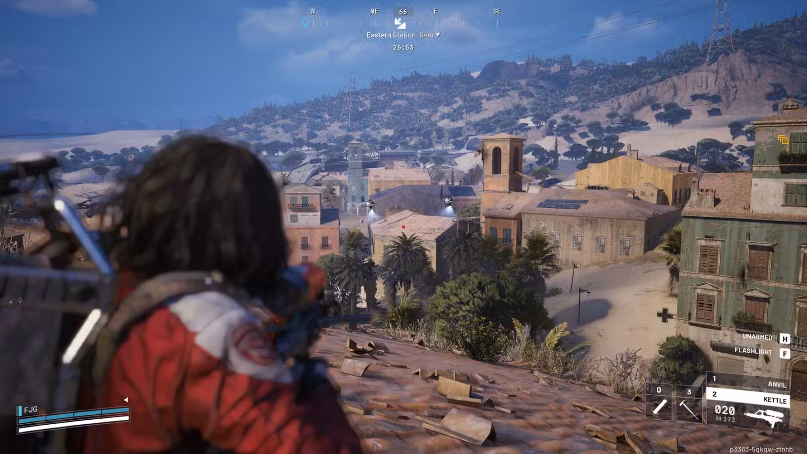 O jogador em Arc Raiders parado em um telhado em Buried City e mirando em dois observadores.