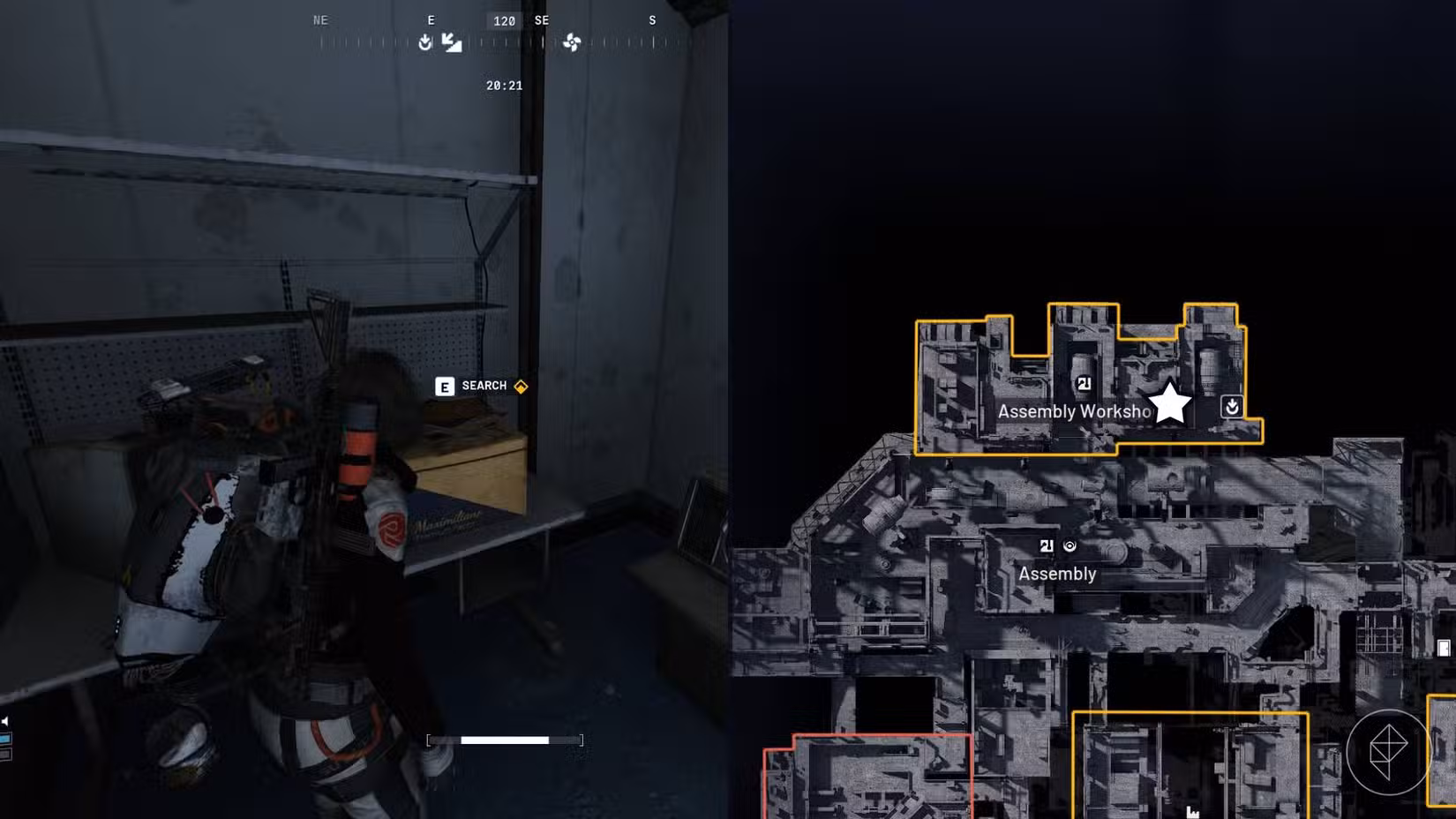 O lado esquerdo da imagem mostra o jogador em frente ao objetivo da missão em Arc Raiders, enquanto o lado direito da imagem mostra o local destacado com uma estrela no mapa do jogo.