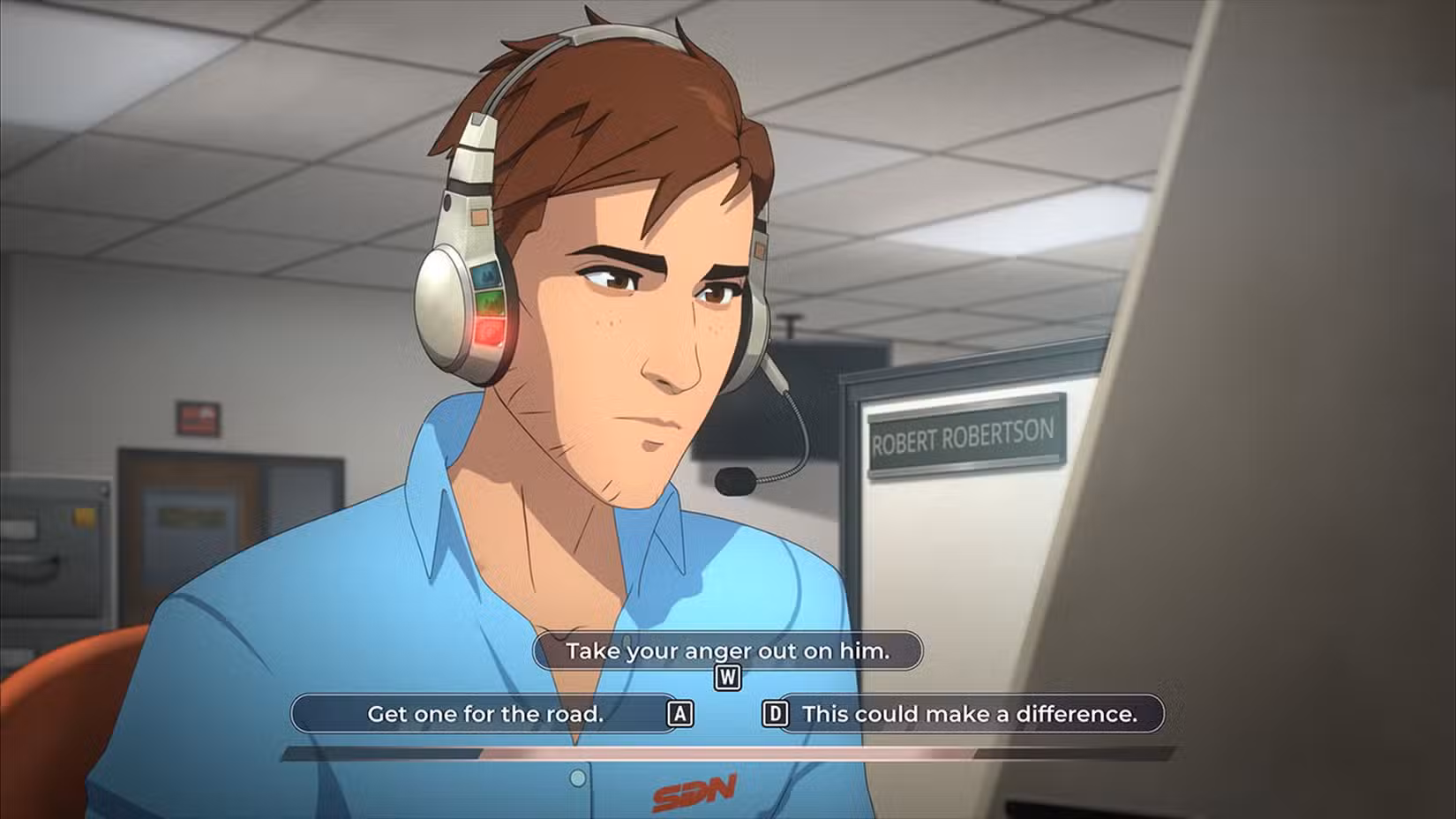 Robert conversando com Invisigal através de um fone de ouvido no Dispatch.