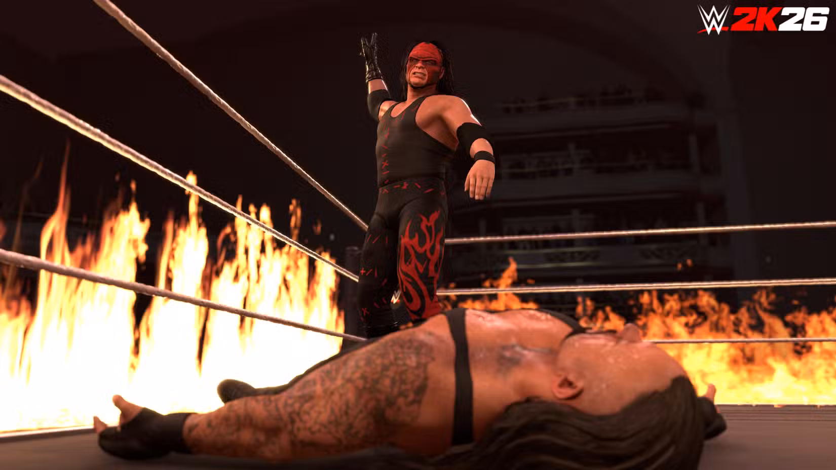 Kane e Undertaker lutando em uma Inferno Match no WWE 2K26
