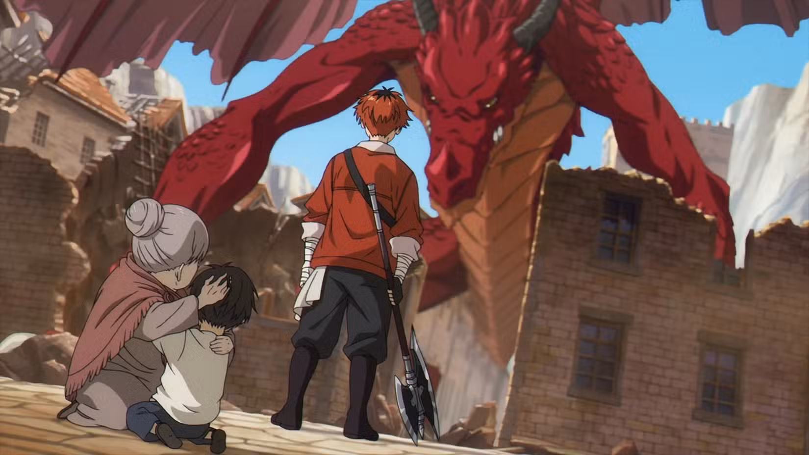 Um homem ruivo com um machado encara um dragão vermelho enquanto uma senhora idosa e um menino se encolhem atrás dele em Frieren: Beyond Journey's End