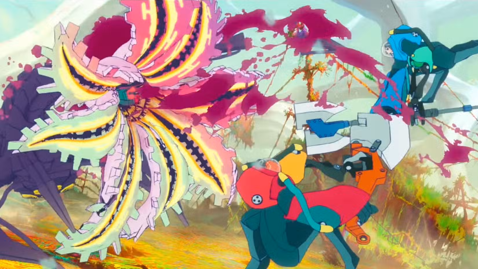 Uma cena do filme de anime All You Need Is Kill, com Rita e Keiji atacando um alienígena