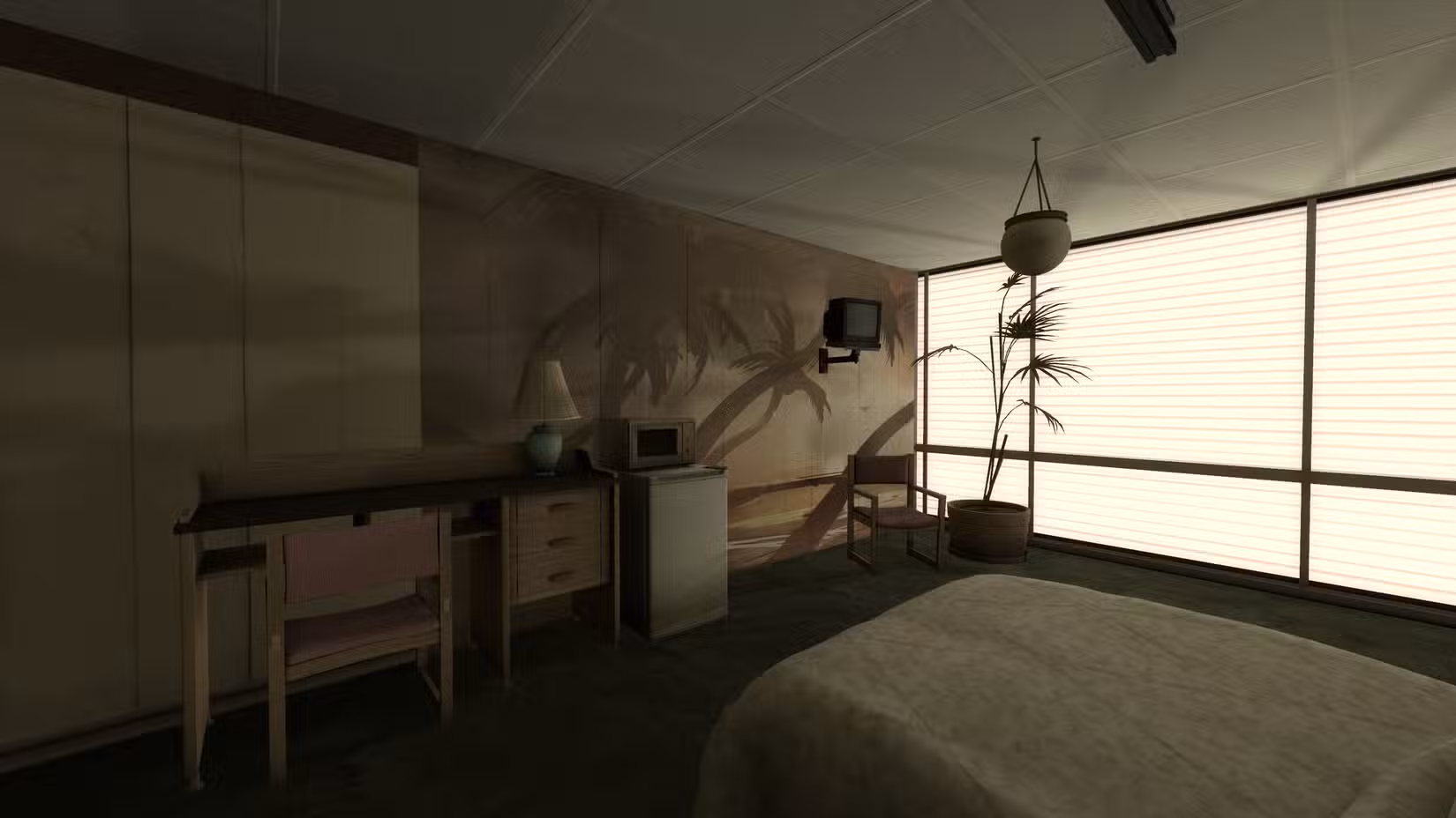 Um quarto estilo motel de aparência branda no Portal 2