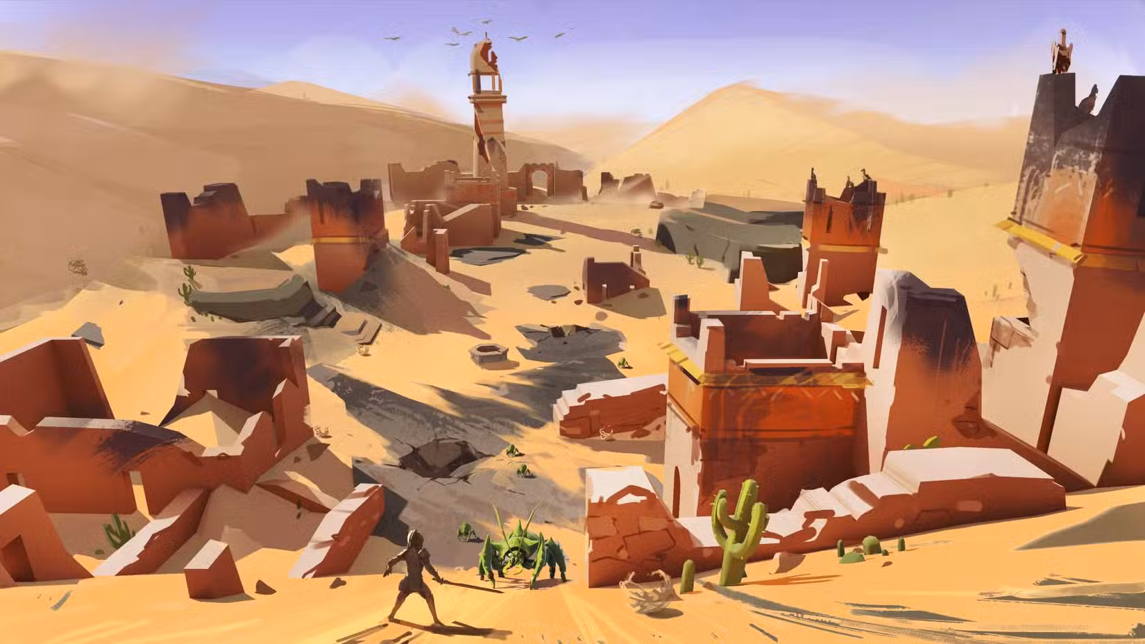 Arte conceitual da região das Areias Umbrais no RuneScape Dragonwilds, mostrando um jogador empunhando uma espada em uma encosta arenosa enquanto um caranguejo verde avança entre alguns edifícios em ruínas.