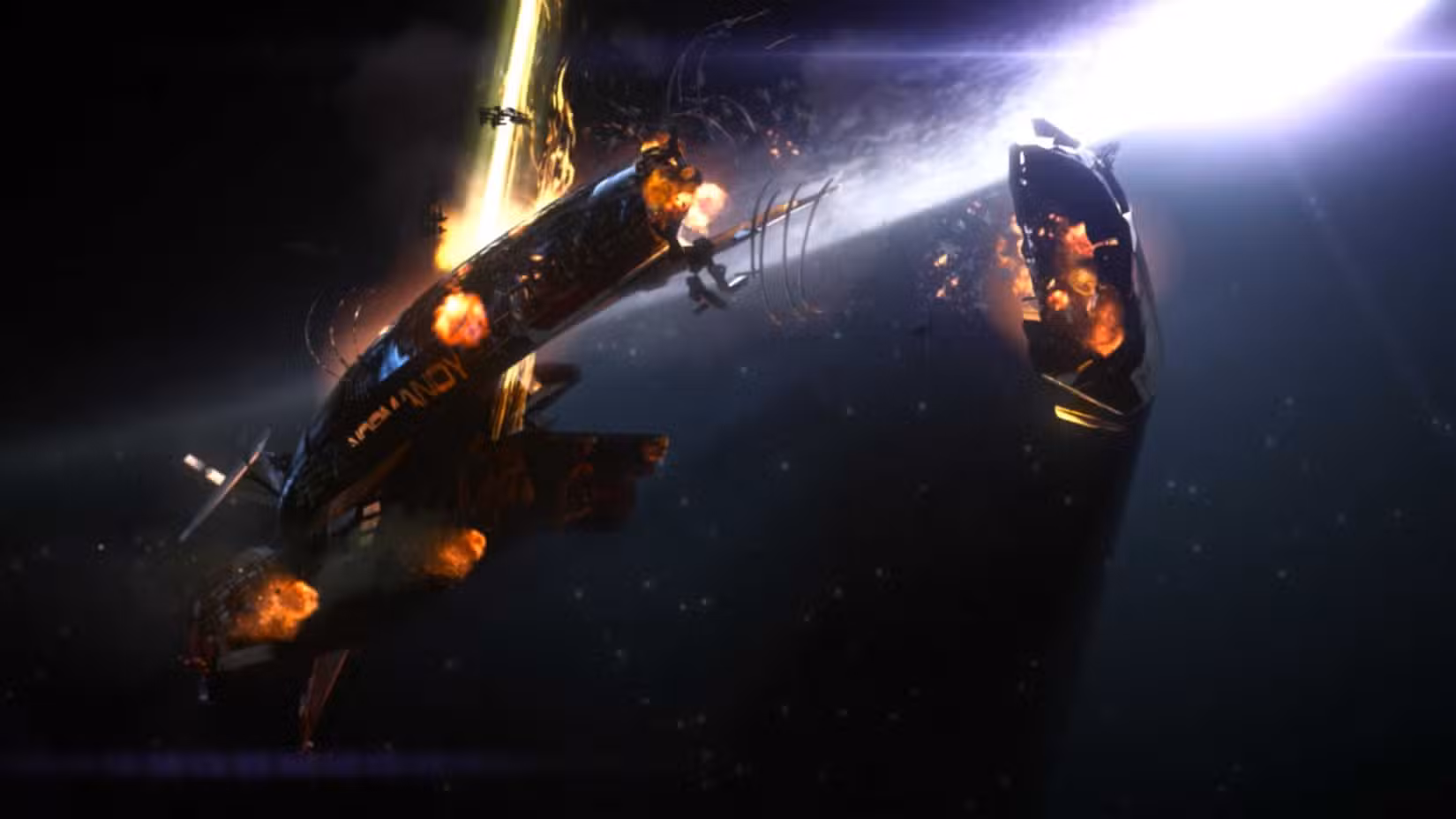 Mass Effect 2 Normandy sendo destruído por um laser amarelo