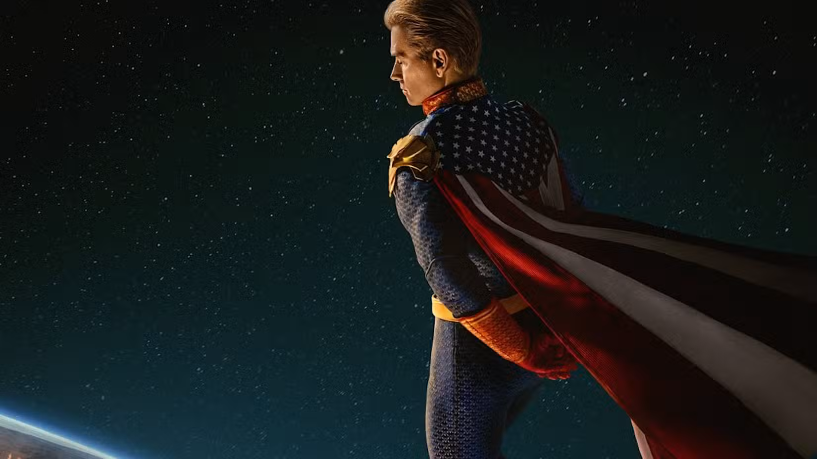 Uma imagem promocional de Homelander voando sobre a Terra da 5ª temporada de The Boys