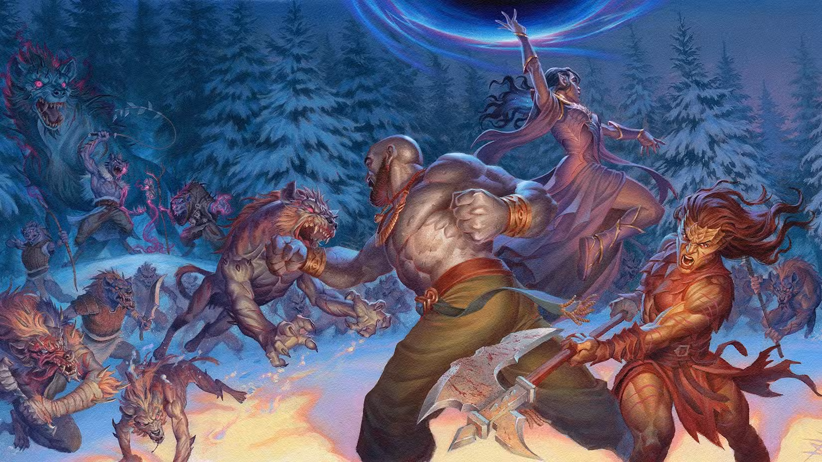 Um null Hakkan, uma fúria orc e um elementalista elfo lutam contra uma variedade de monstros lobos em uma floresta nevada na capa de Draw Steel The Red Road 