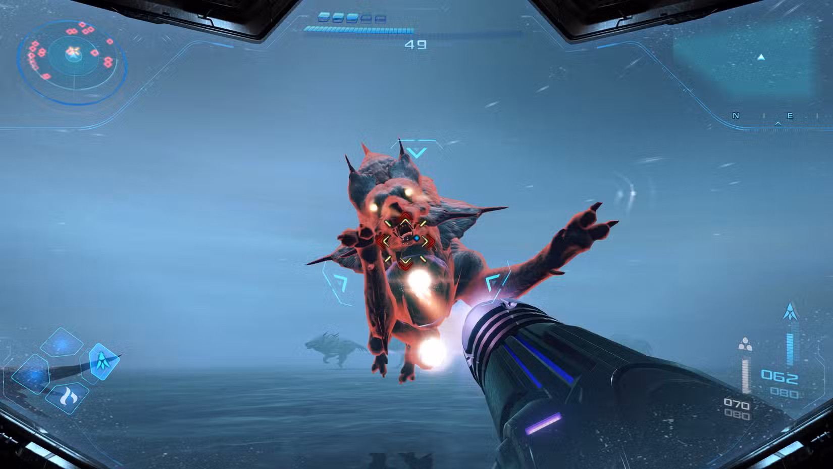 Samus atira em uma criatura parecida com um lobo em Metroid Prime 4: Beyond.