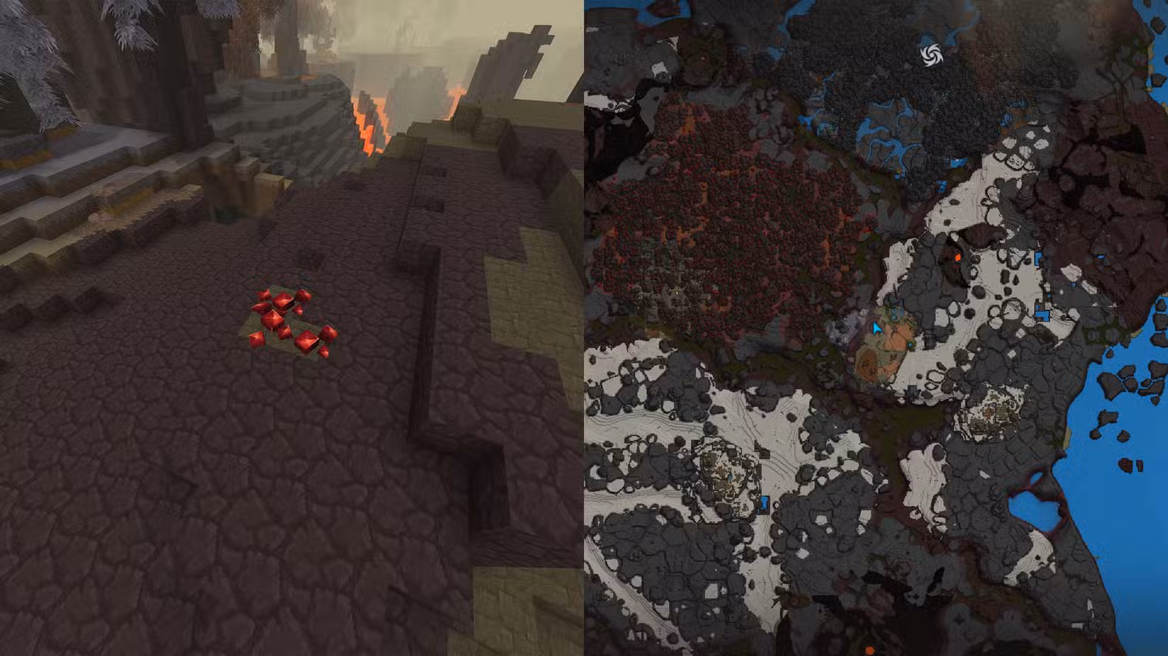 Minério de adamantita encontrado no solo junto com uma imagem do mapa Hytale ao lado.