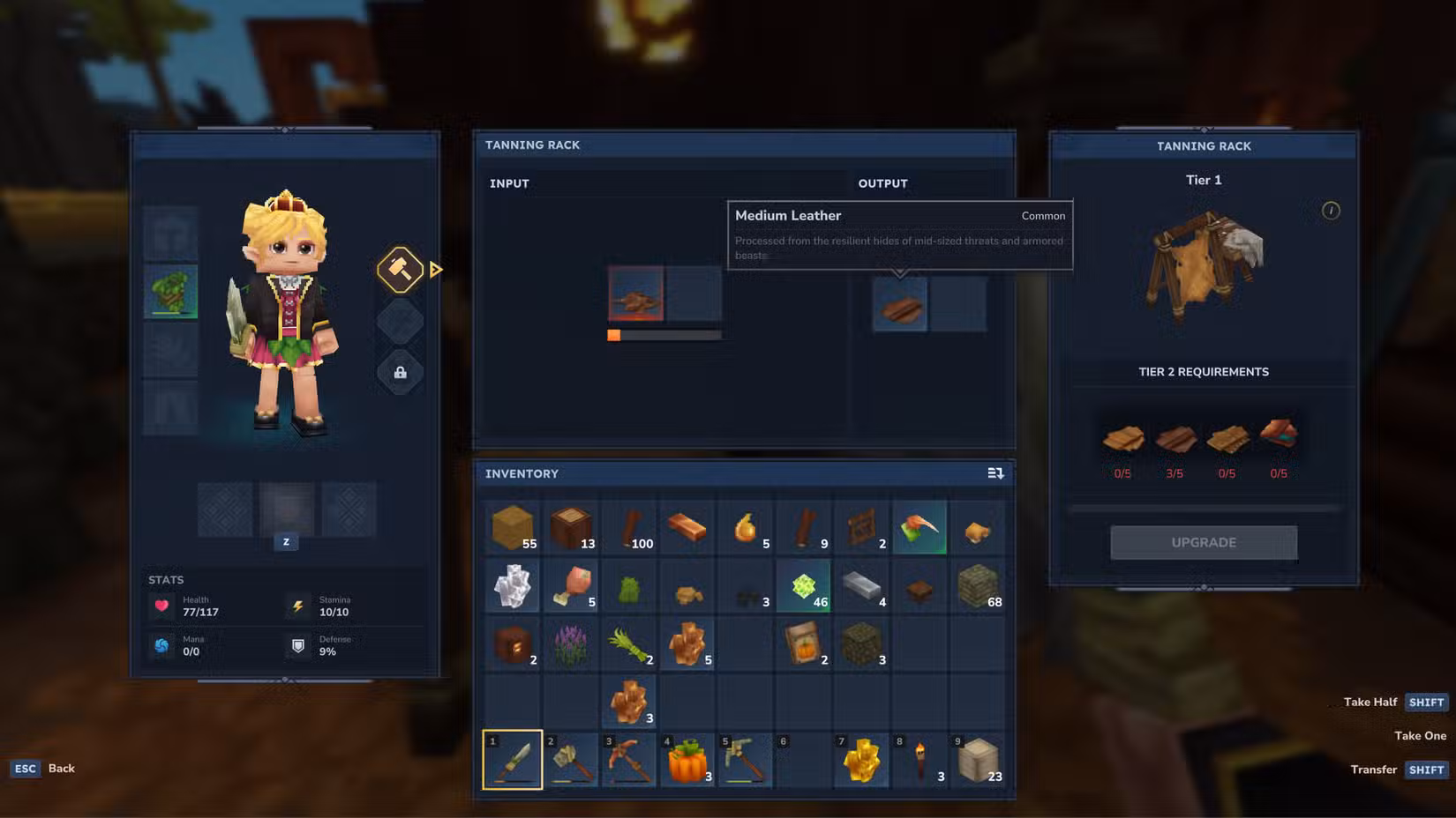 Um jogador transforma peles em couro no curtume Hytale.