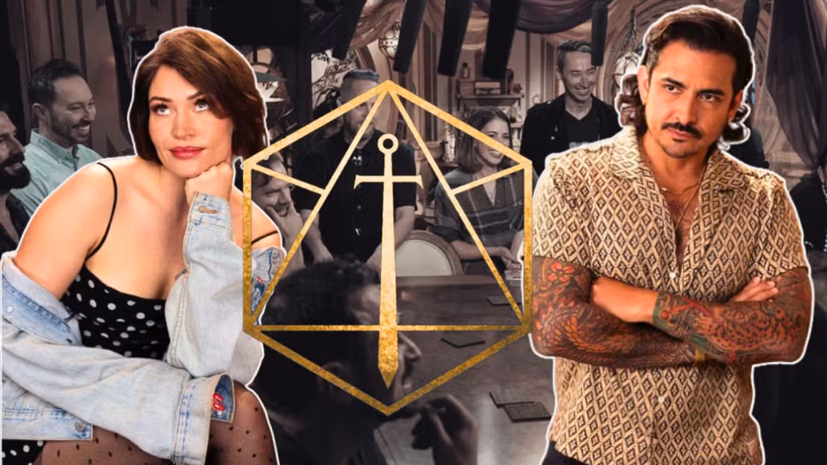 Uma imagem com Whitney Moore, o logotipo da Critical Role, e Robbie Daymond posando.