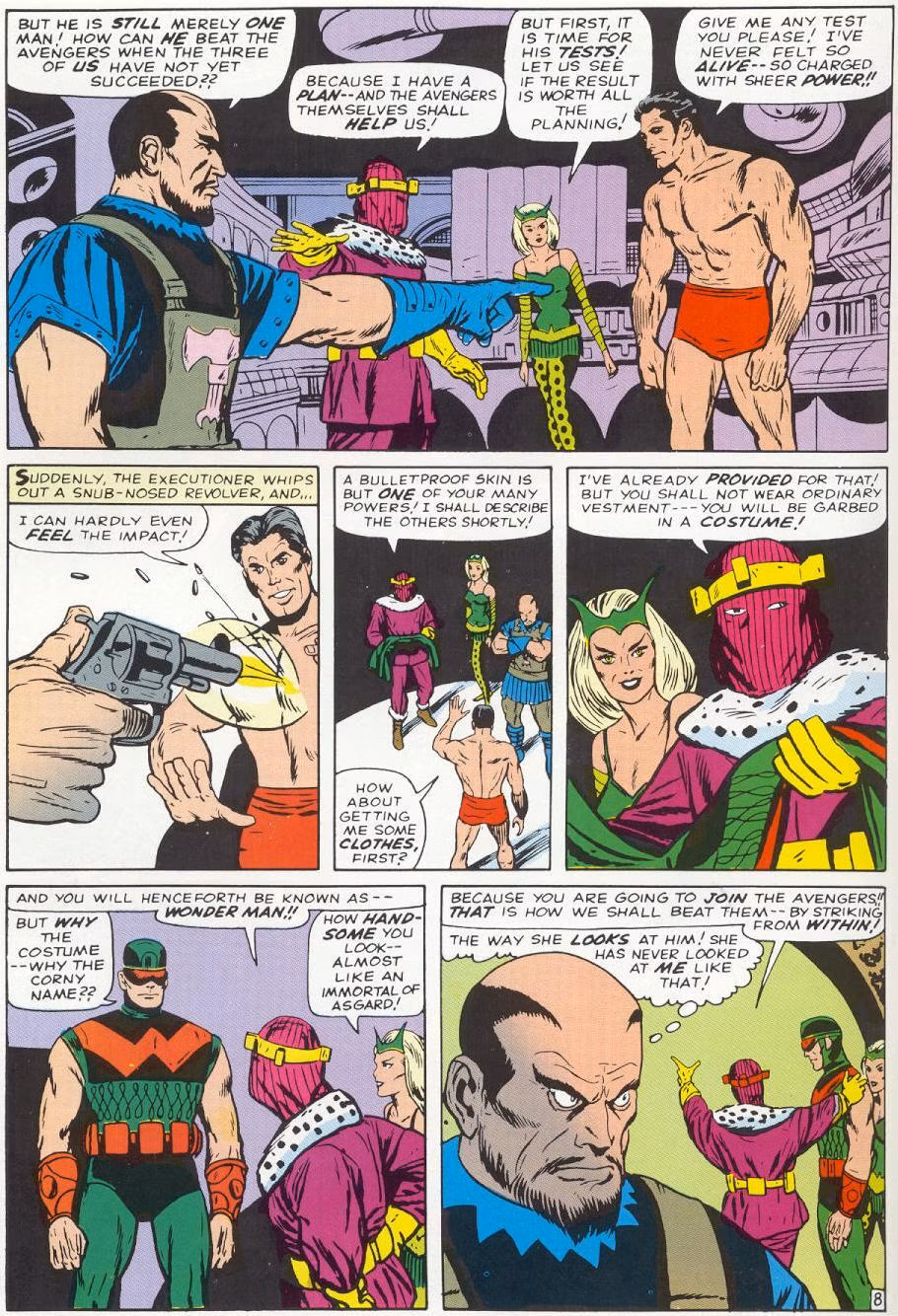 Uma página de Os Vingadores #9, de 1964, com o Barão Zemo testando os poderes do Homem-Maravilha, disparando balas em seu peito e, em seguida, dando-lhe uma fantasia