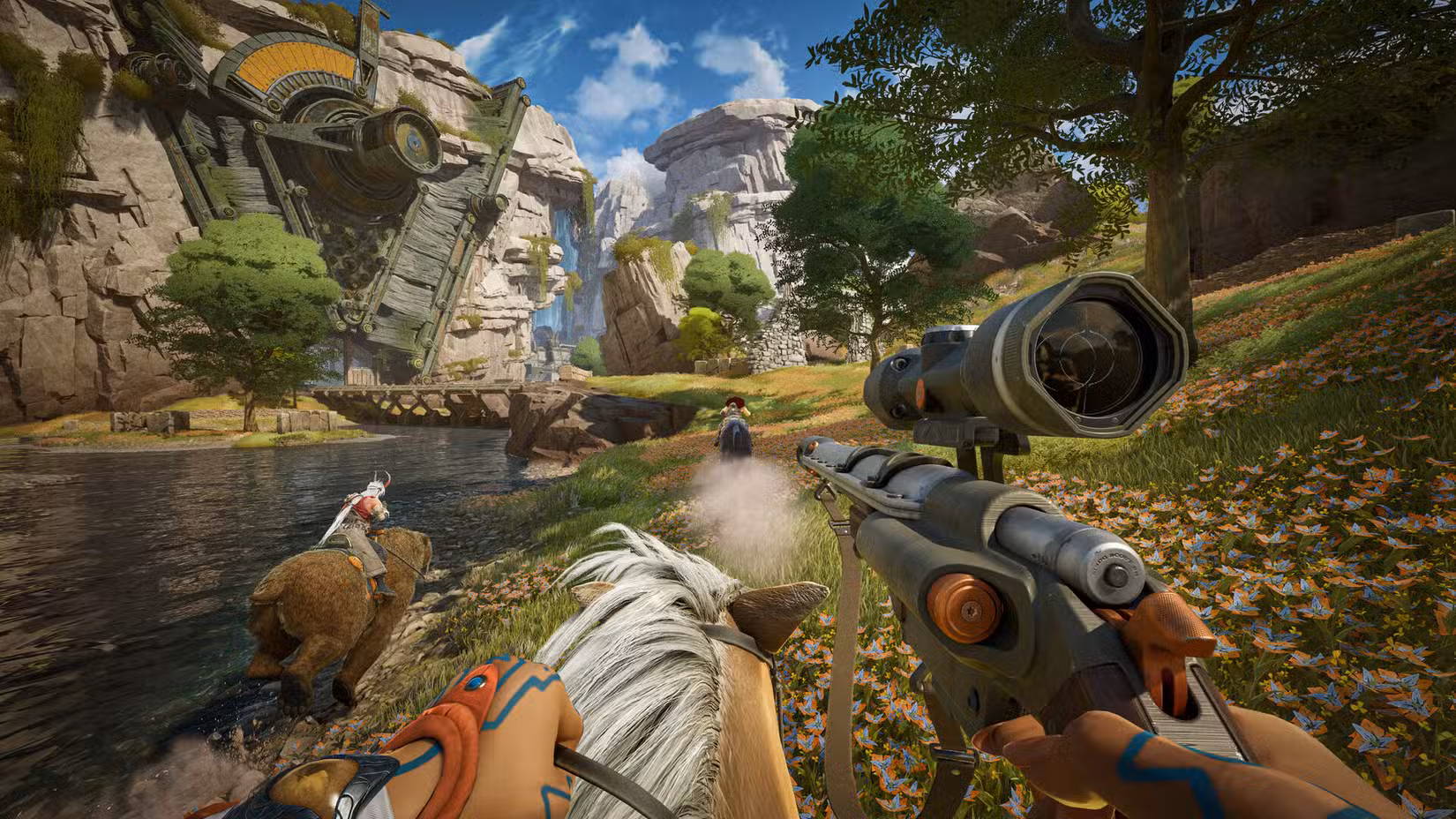 Usando um rifle de precisão a cavalo em uma captura de tela de Highguard