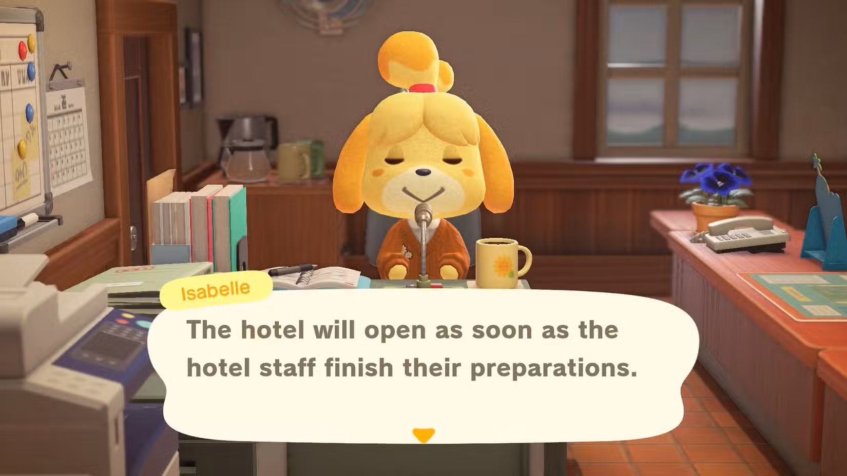 Isabelle fala sobre a inauguração de um hotel em Animal Crossing: New Horizons