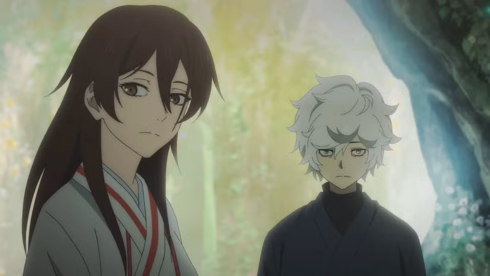 Gabimaru e Sagiri olham para longe no Paraíso Infernal