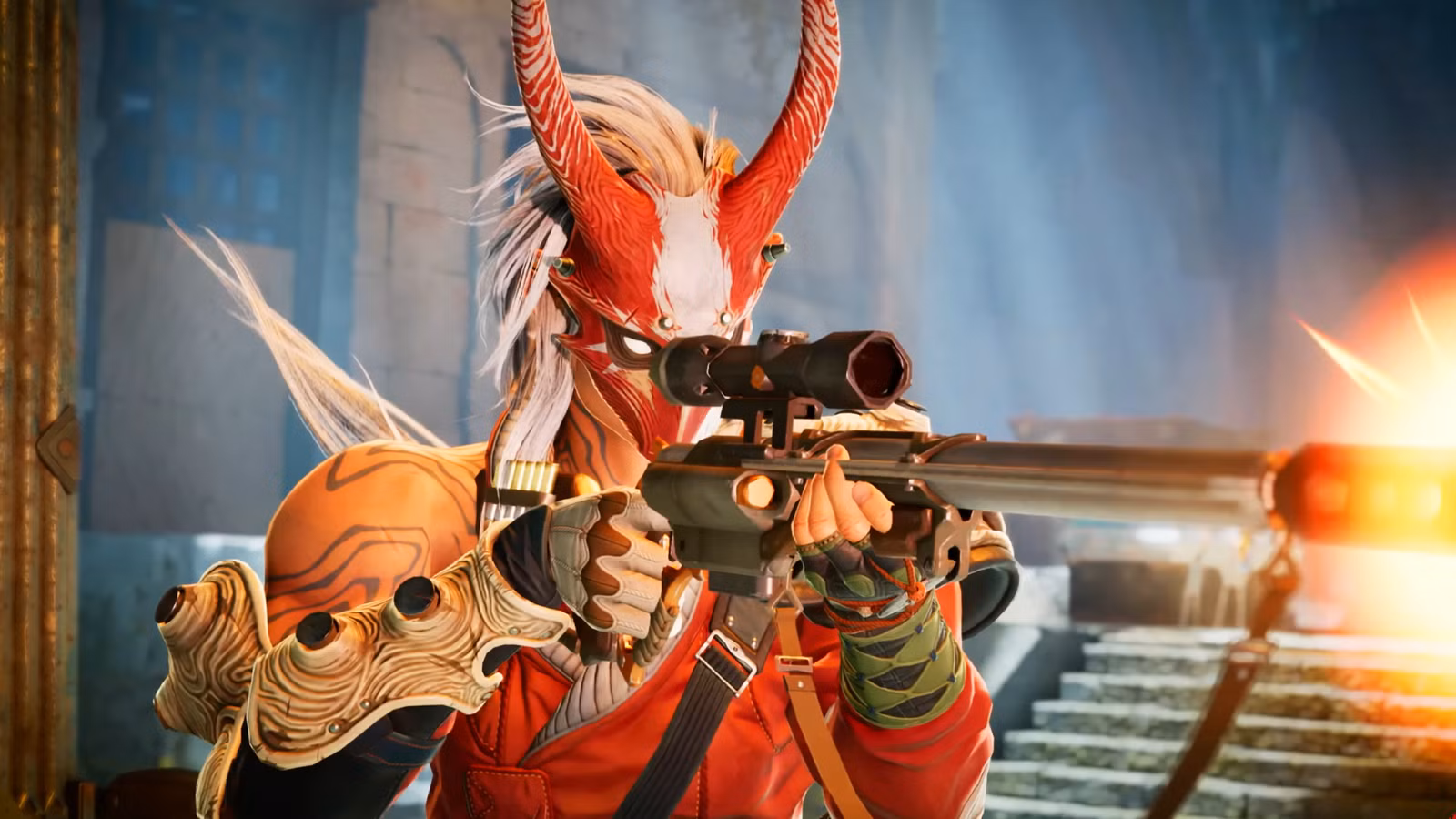 Um close de um personagem Highguard com uma máscara disparando um rifle de precisão.