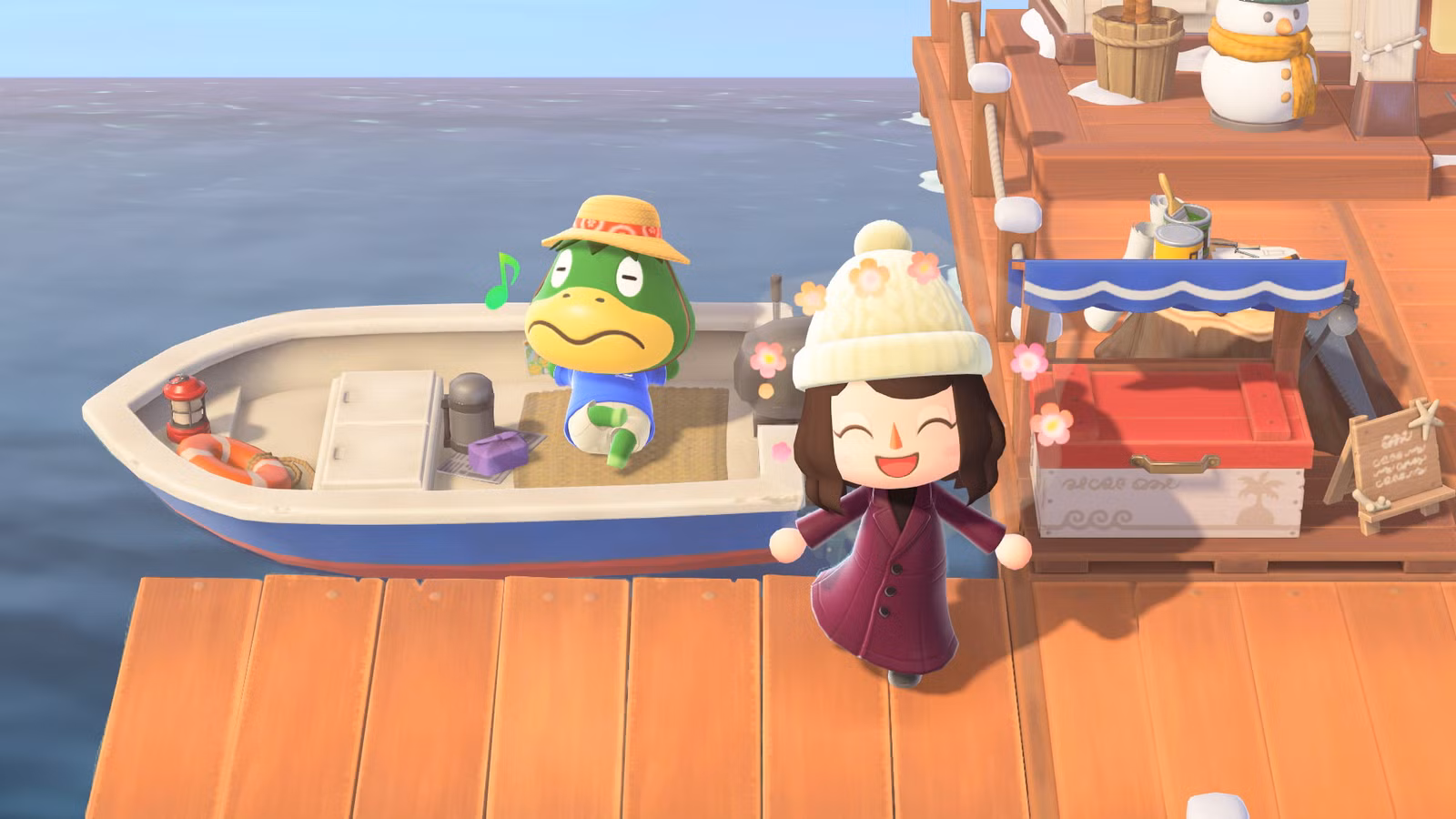 Jogador ACNH parado na doca de Kapp'n parecendo feliz