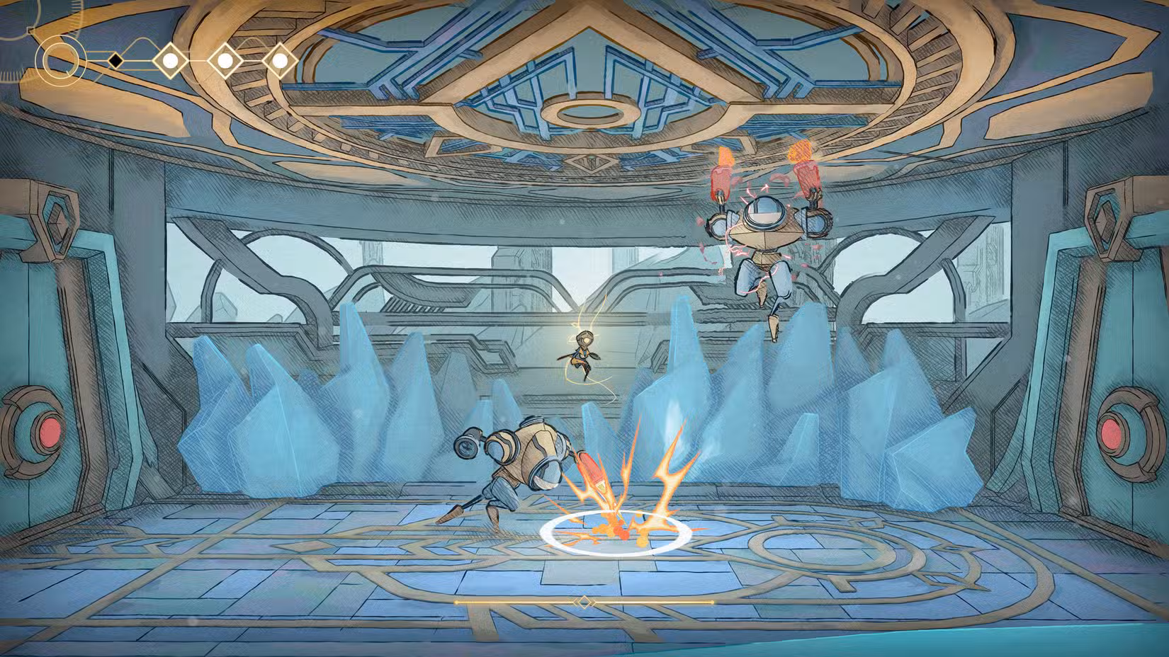 Mio luta contra dois robôs em Mio: Memories in Orbit.