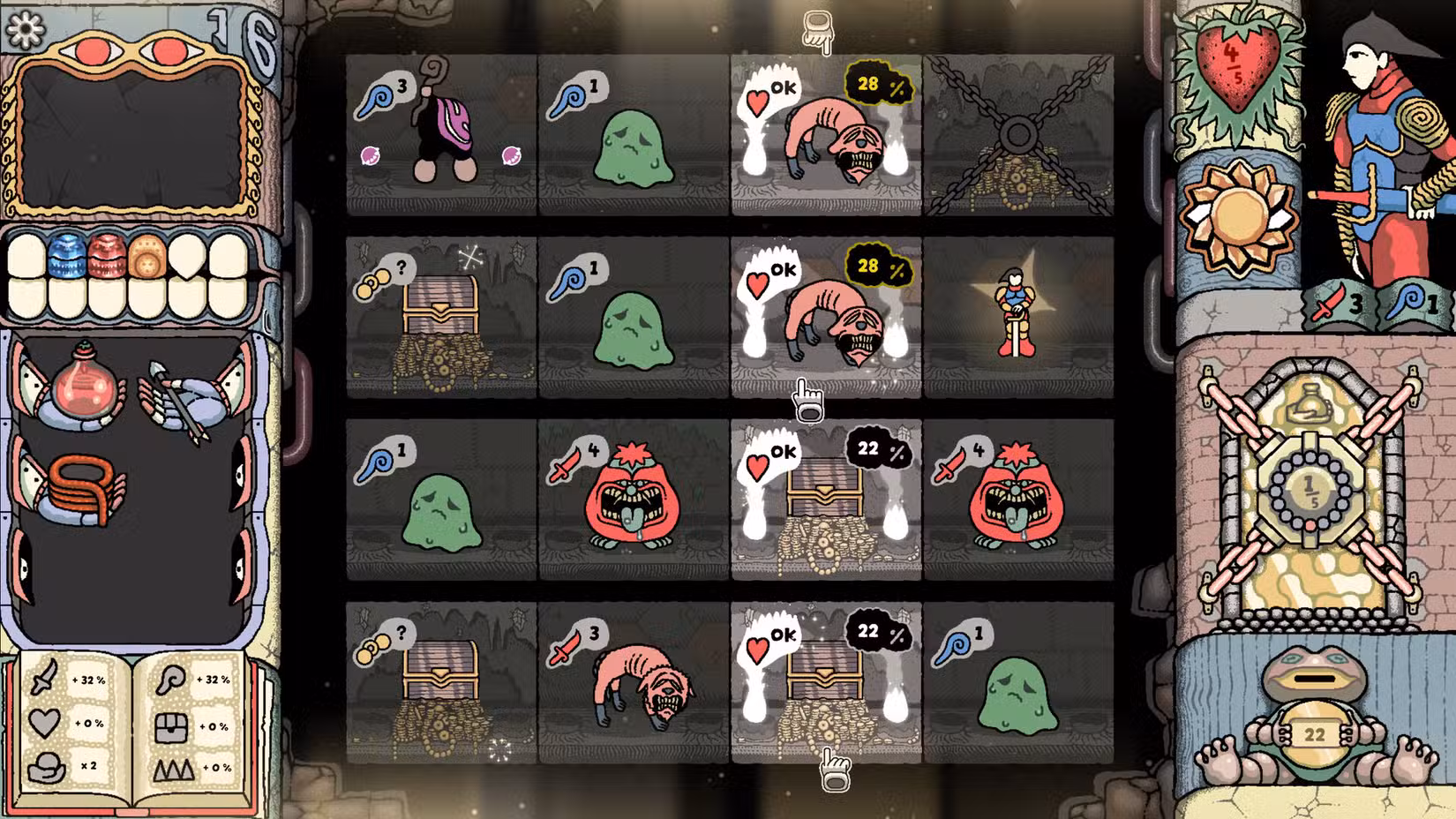 Uma grade cheia de monstros e tesouros aparece em Sol Cesto.