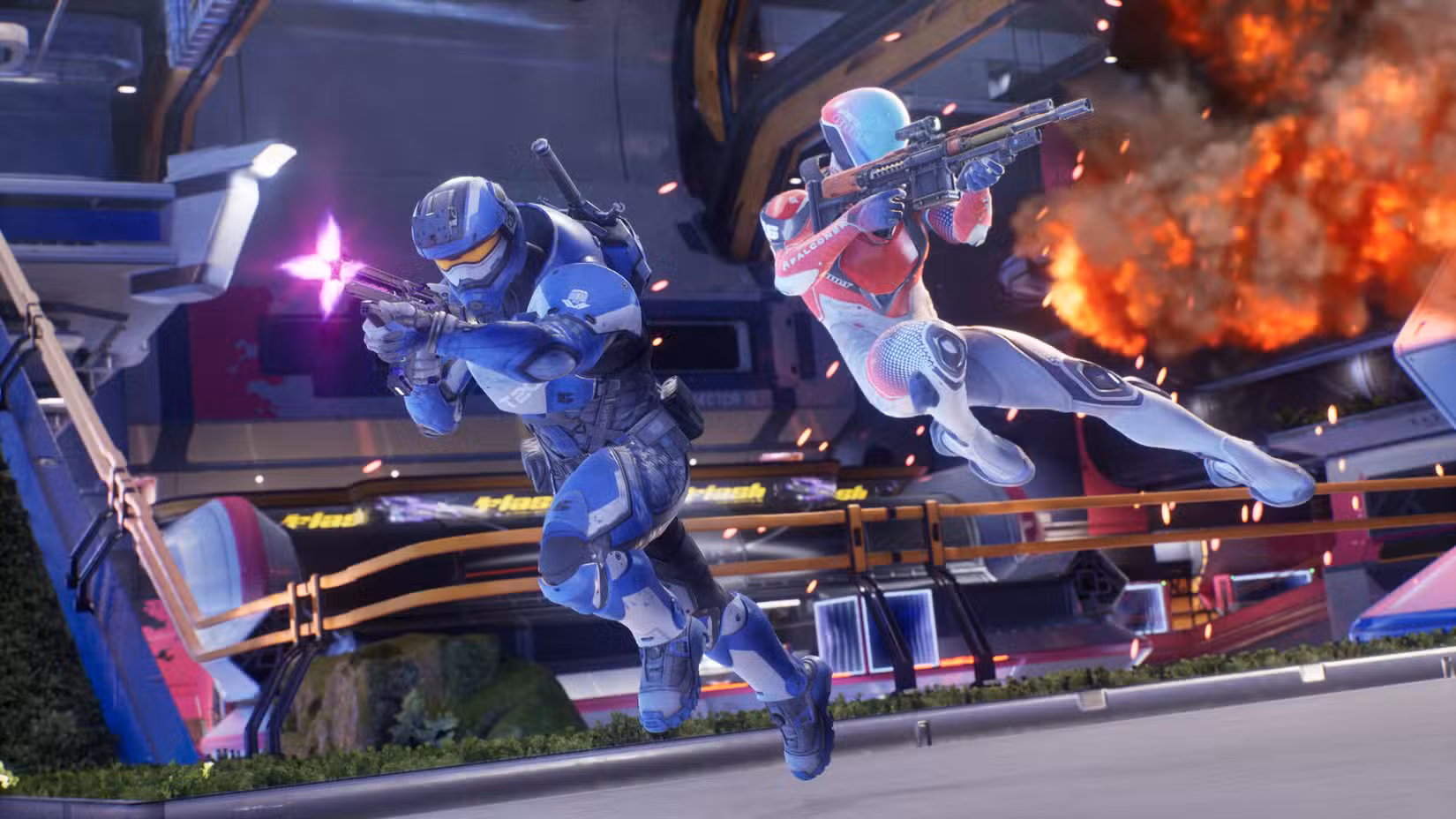 Dois personagens disparam armas em Splitgate: Arena Reloaded.