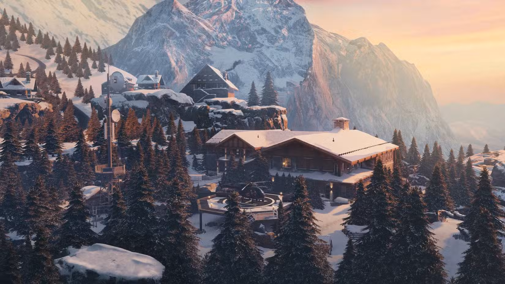 O edifício coberto de neve no Chalet em Rainbow Six Siege com o heliporto e o helicóptero no meio da floresta.