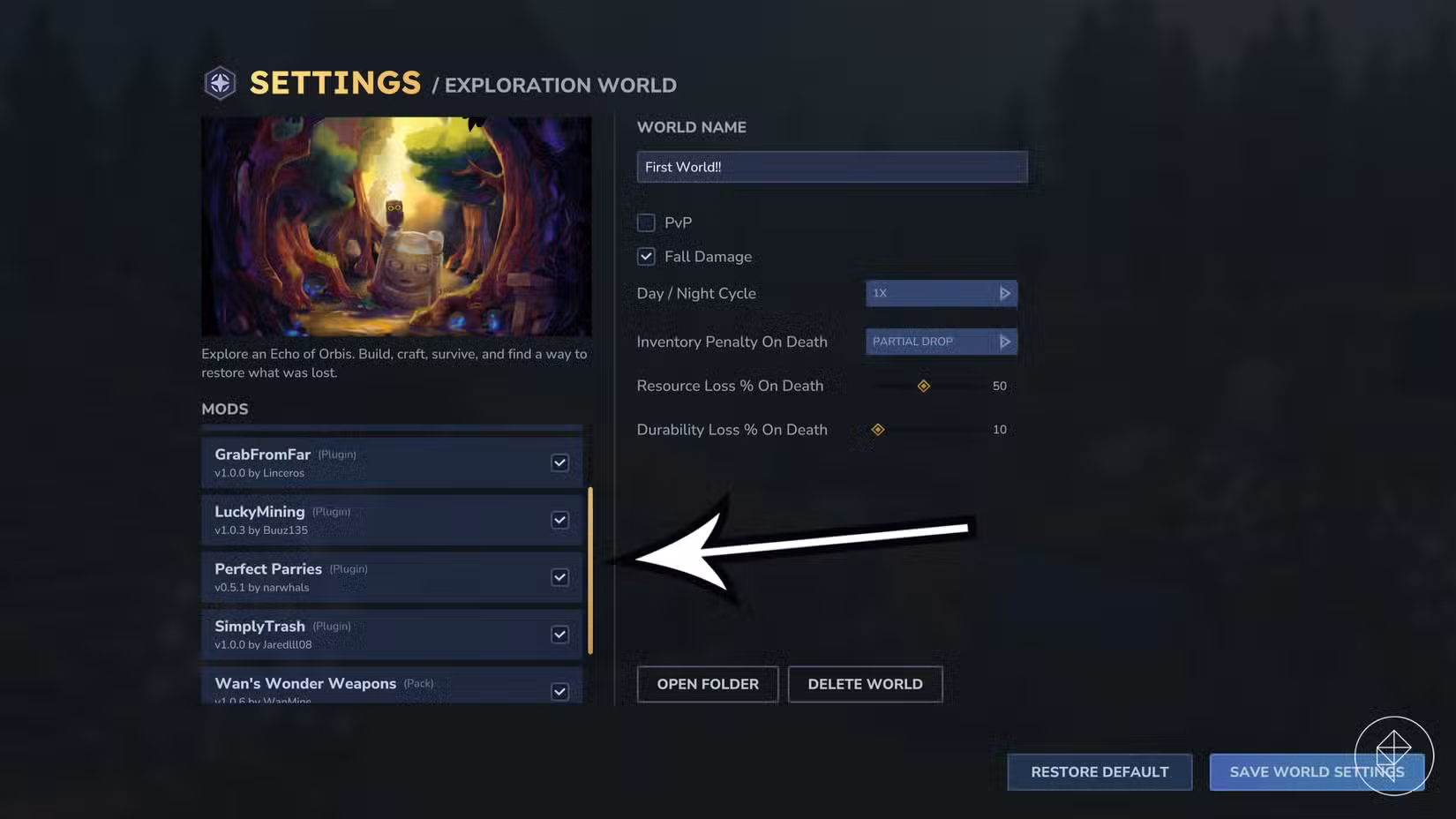 Uma seta aponta para os mods ativos em um mundo Hytale.