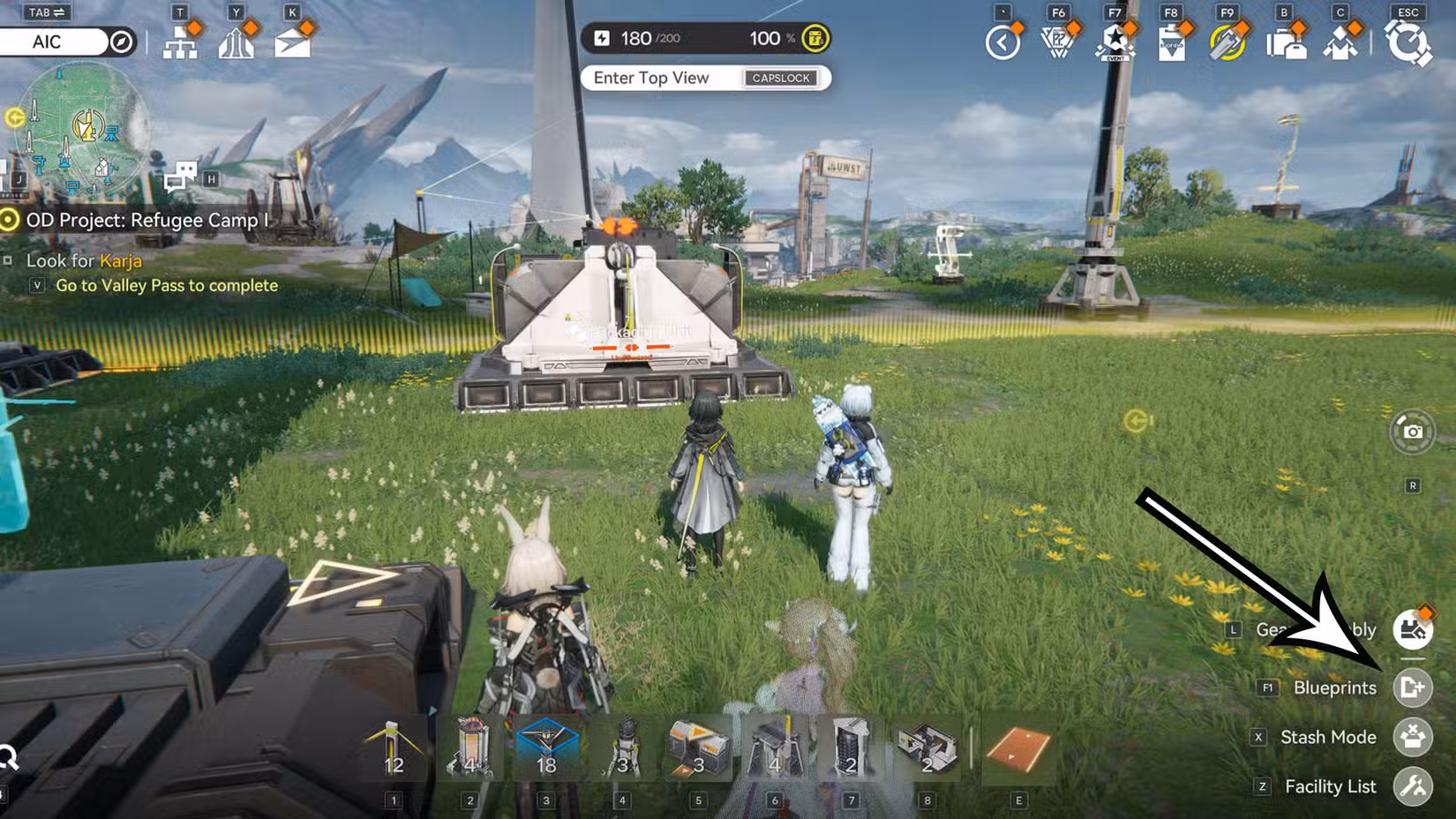 Uma montagem usando uma captura de tela de Arknights: Endfields com uma seta indicando o menu Blueprints