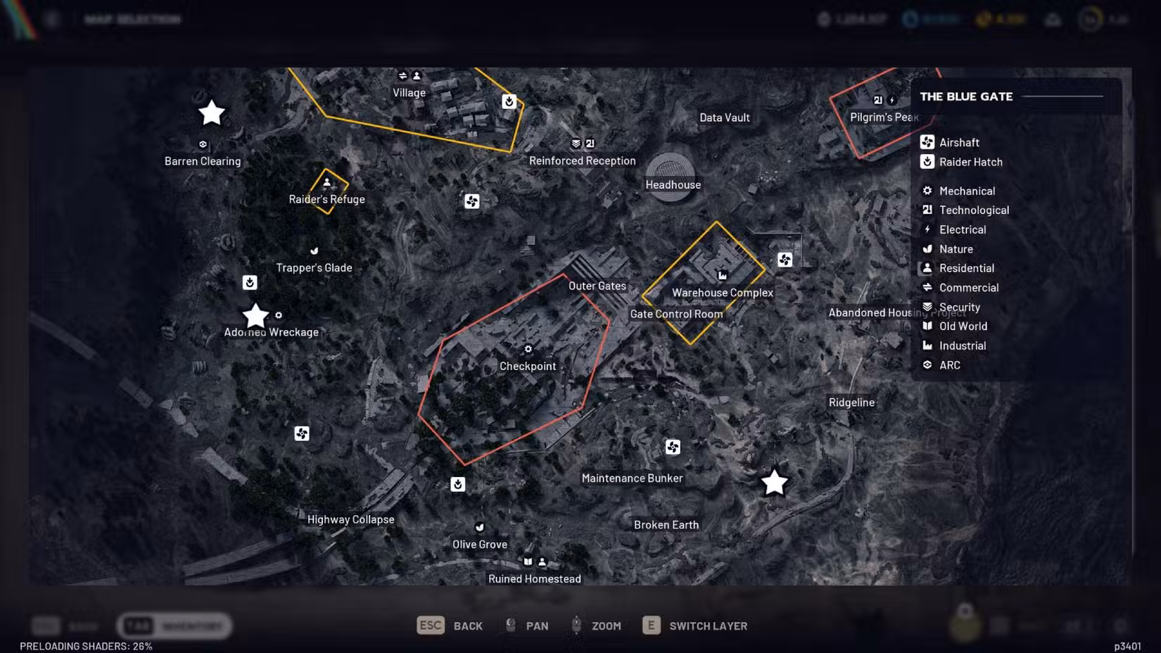 O mapa Blue Gate em Arc Raiders com três estrelas indicando a localização dos Arc Deforesters.