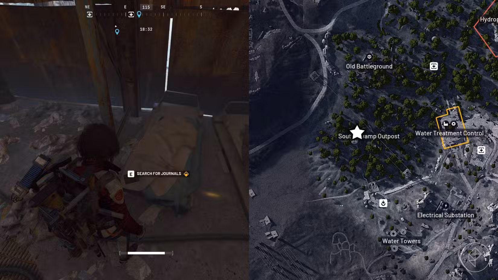 O lado esquerdo da imagem mostra o jogador em Arc Raiders parado em frente ao diário que precisa pegar para a missão, enquanto o lado direito mostra o local marcado no mapa do jogo.