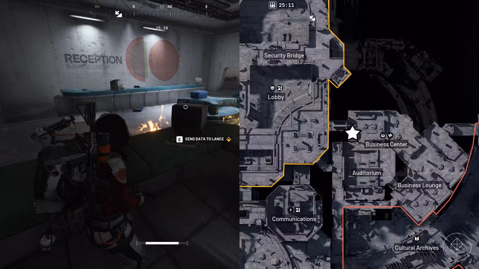 O lado esquerdo da imagem mostra o jogador em frente ao objetivo da missão em Arc Raiders, enquanto o lado direito da imagem mostra o local destacado com uma estrela no mapa do jogo.