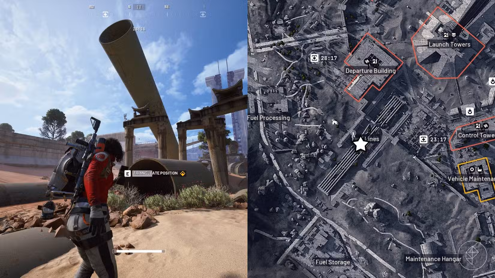 O lado esquerdo da imagem mostra o jogador em frente ao prompt do jogo para completar o objetivo de On The Map em Arc Raiders, enquanto o lado direito da imagem mostra o local marcado no mapa do jogo com uma estrela.