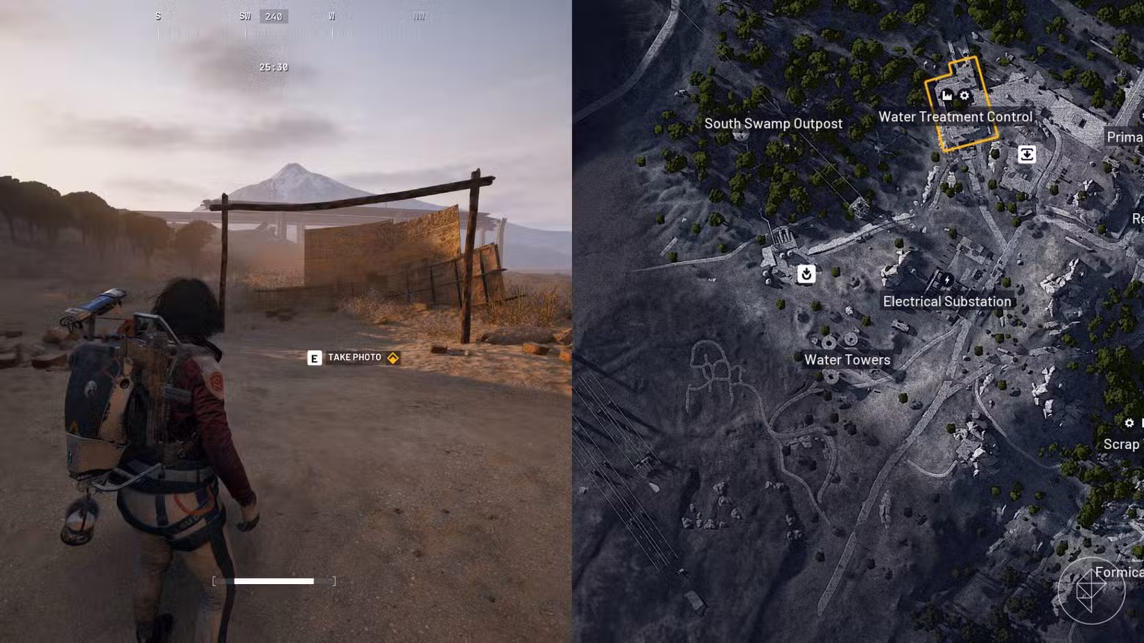 O lado esquerdo da imagem mostra o jogador em frente ao prompt para tirar uma foto do gol em Dam Battlegrounds em Arc Raiders, enquanto o lado direito da foto mostra a localização no mapa do jogo.