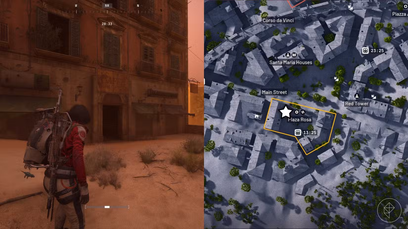 O lado esquerdo da imagem mostra o jogador em frente ao café em Buried City, onde pode encontrar uma máquina de café expresso, enquanto o lado direito tem esse local marcado no mapa do jogo.