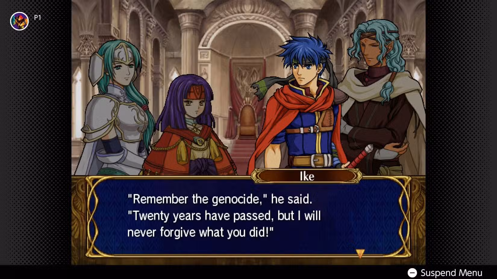 Ike fala com outros personagens sobre genocídio em Fire Emblem: Path of Radiance.