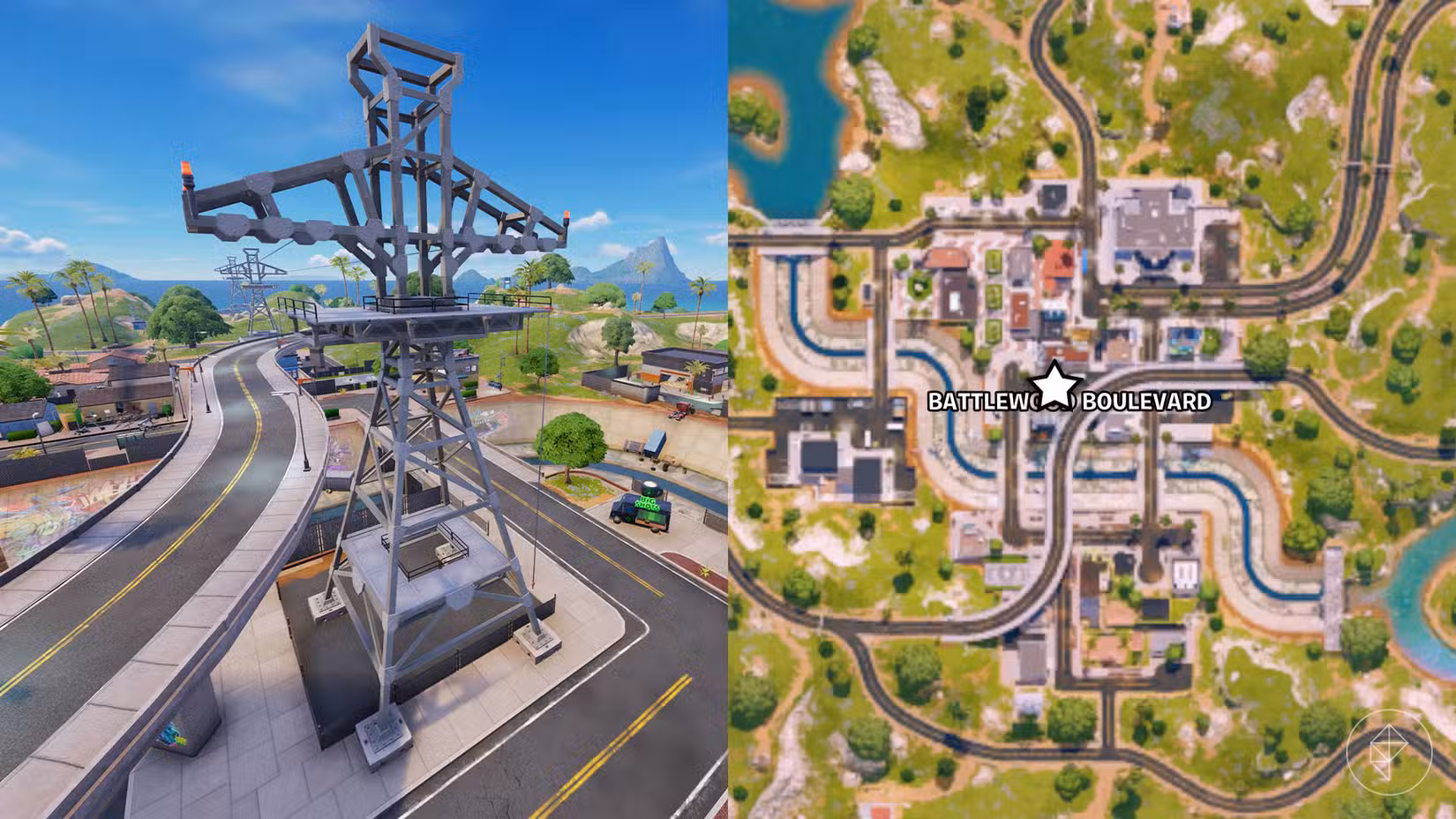 Torre de tirolesa em Battlewood Boulevard em Fortnite.