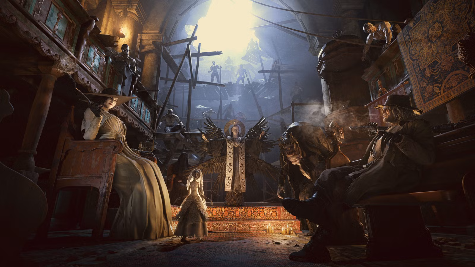 Arte dos quatro senhores e Mãe Miranda de Resident Evil Village