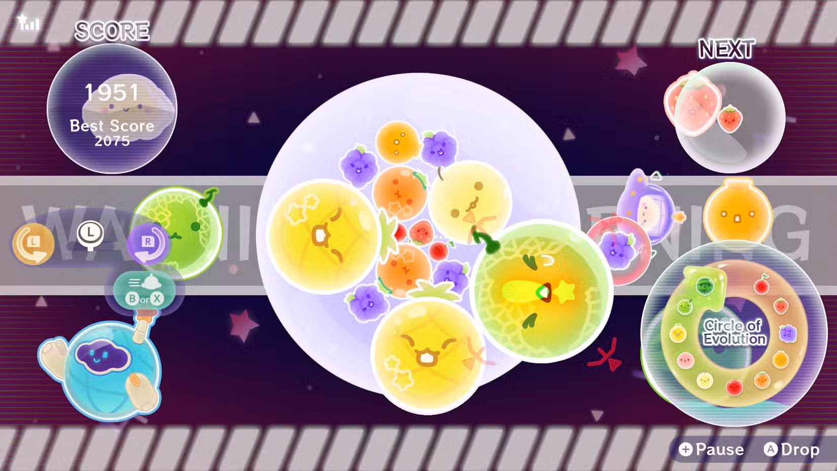 Jogabilidade do Suika Game Planet mostrando um melão ultrapassando a barreira do planeta