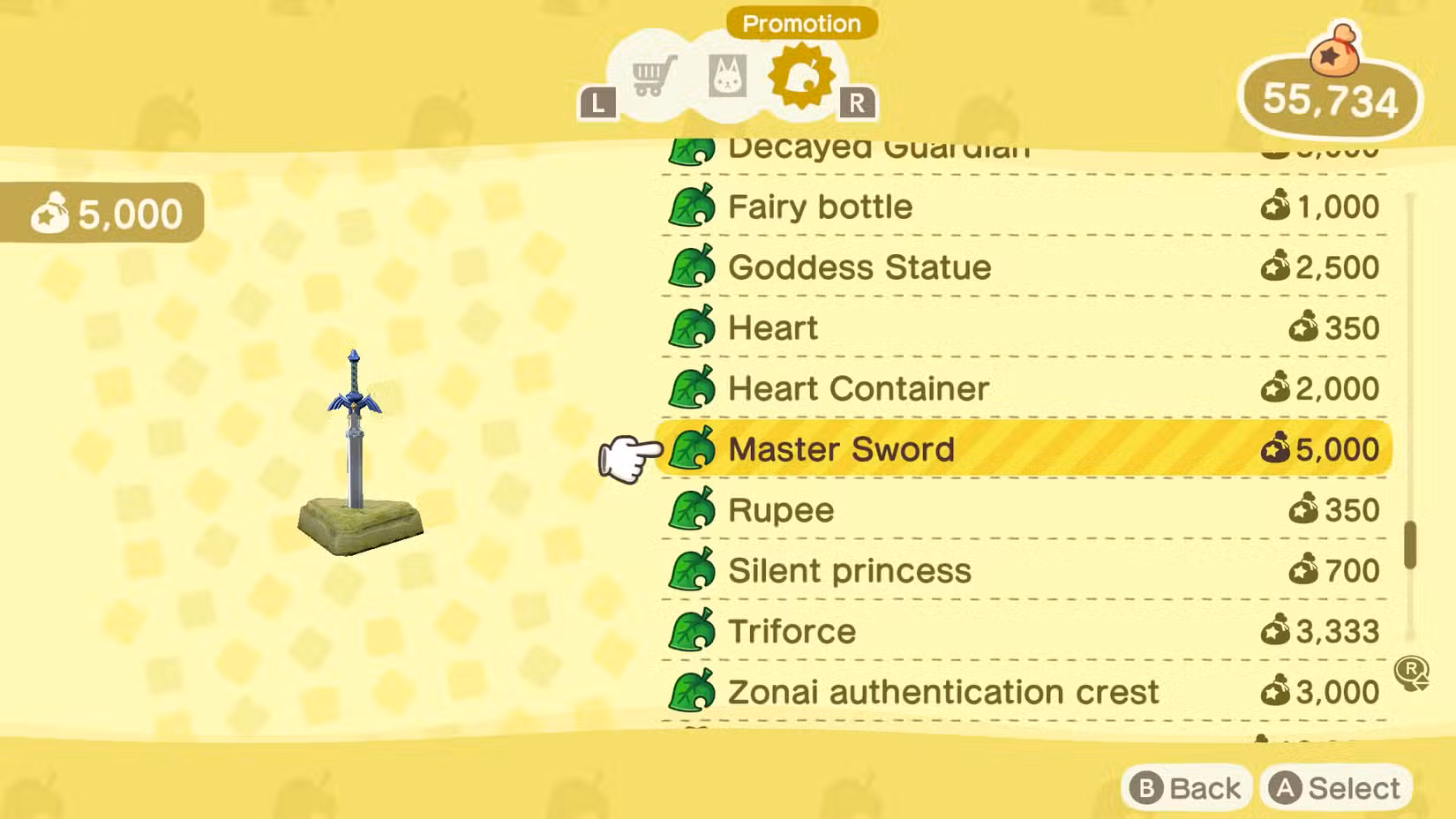 O menu do Nook Shopping mostrando vários itens de The Legend of Zelda em Animal Crossing: New Horizons