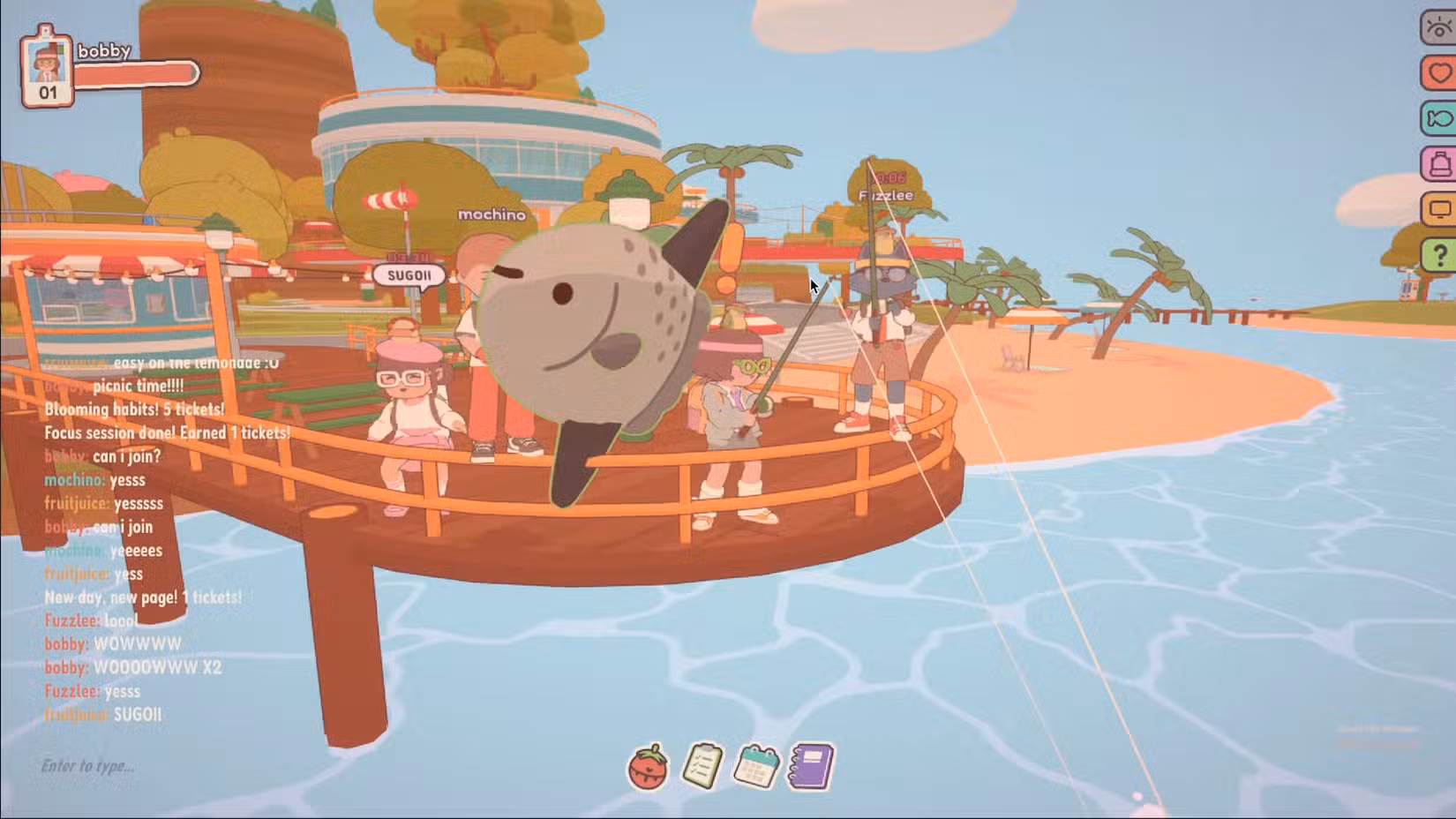 Um grupo de jogadores do jogo de coworking On-Together se reúne perto de um píer, onde um avatar tira um peixe da água.