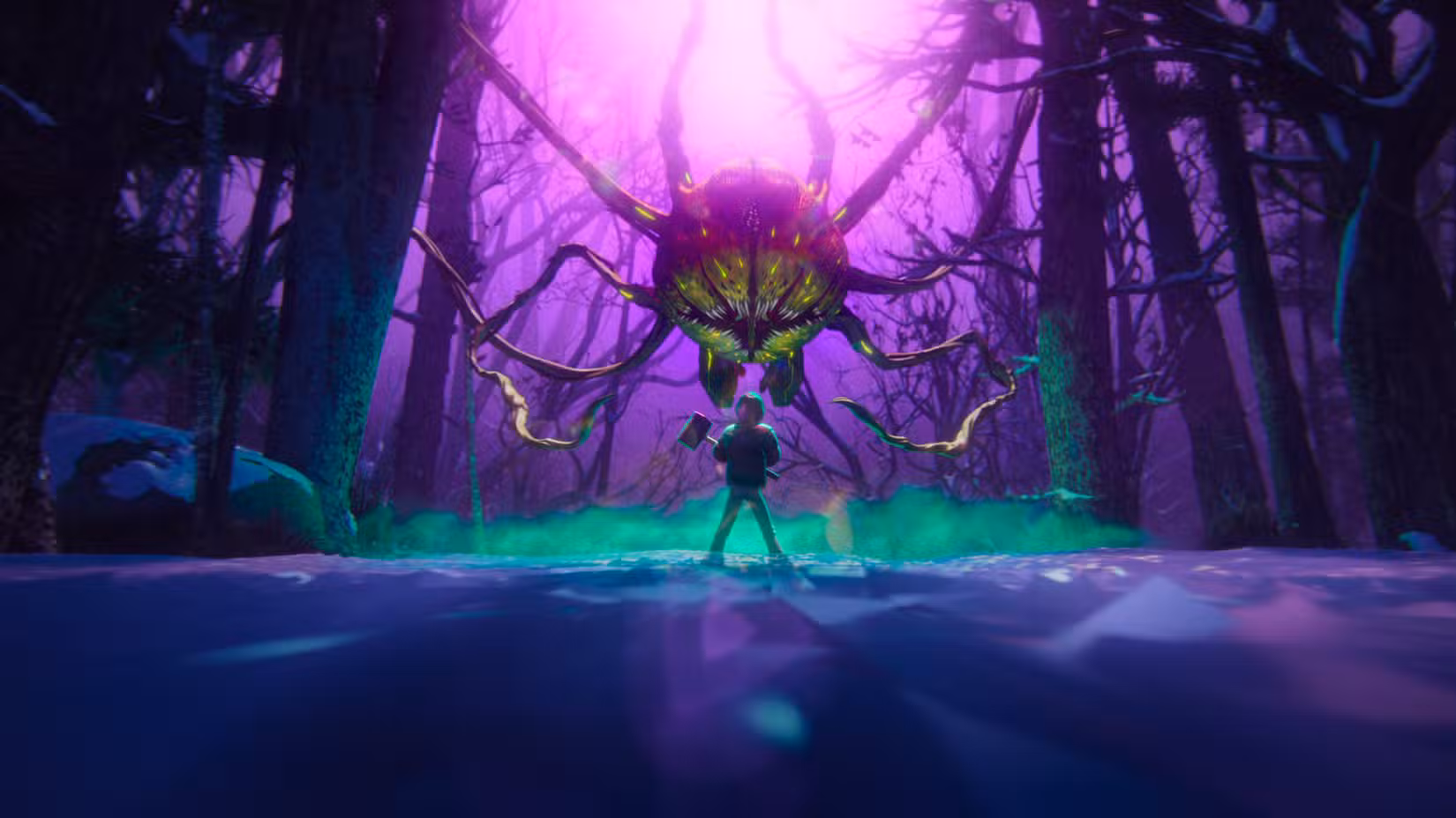 Uma criança segurando um martelo enfrenta um monstro com uma grande boca central e trepadeiras que o prendem a várias árvores em Stranger Things: Tales from '85