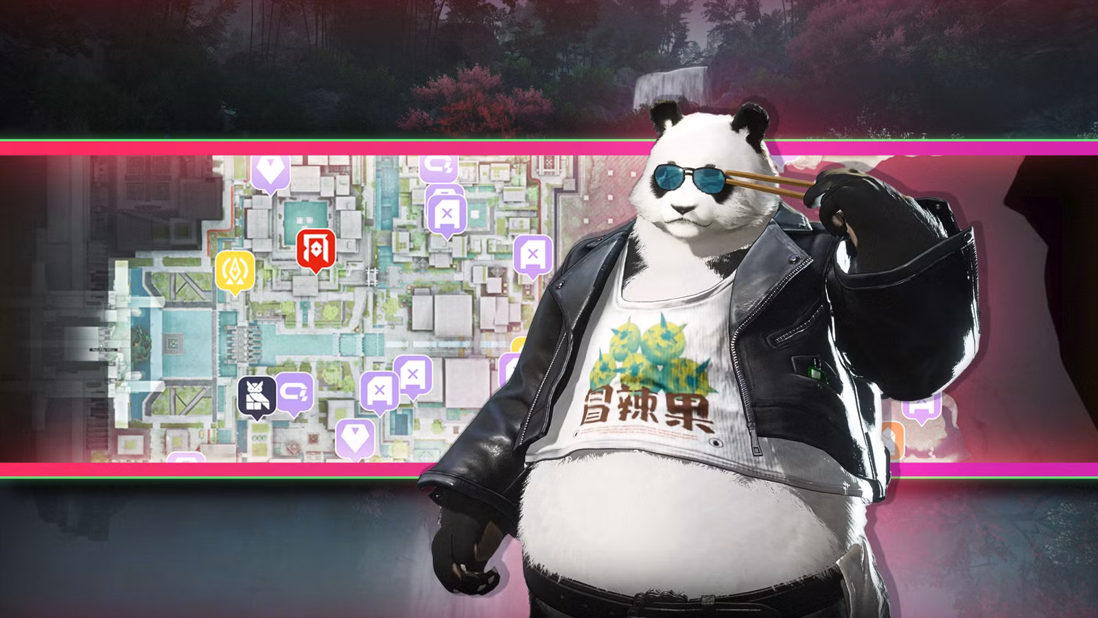 Da Pan, um homem panda, na frente de um mapa de Wuling em Arknights: Endfield