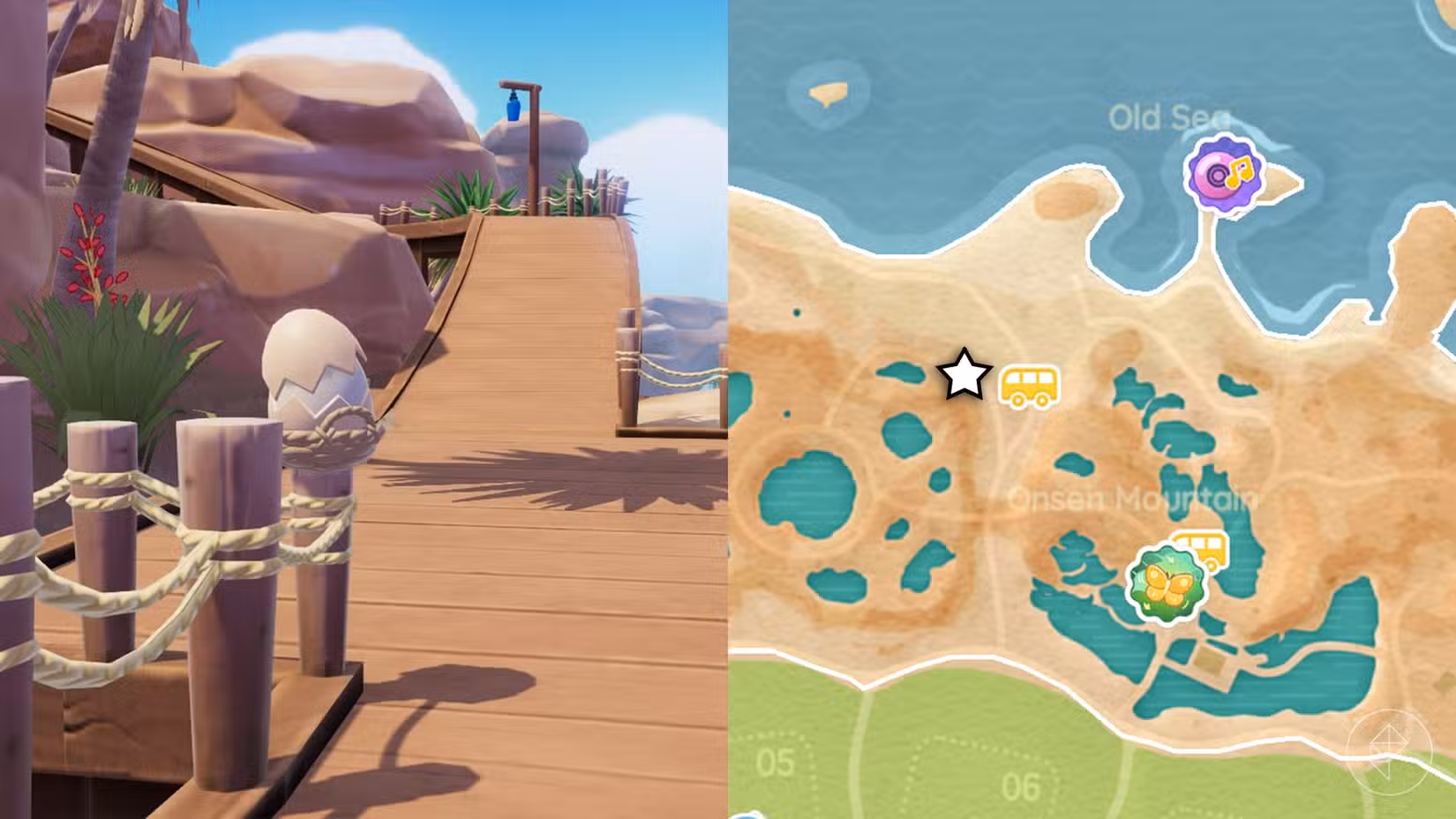 Um ovo quebrado em um poste de madeira em Heartopia