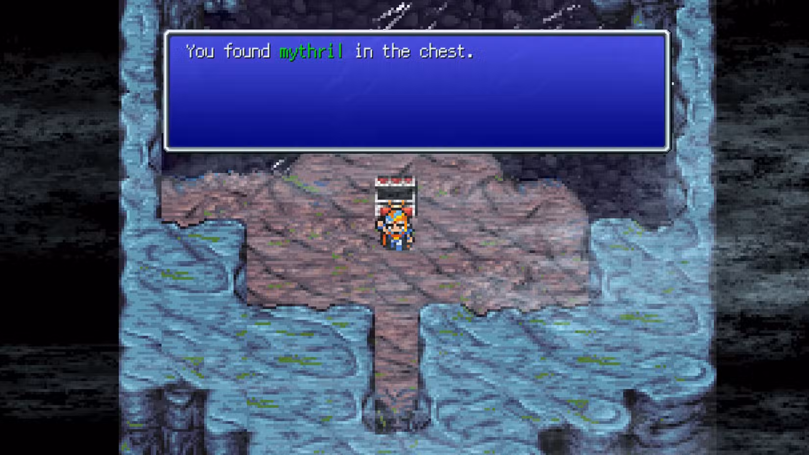 Uma captura de tela de Final Fantasy 2 mostrando Firion na frente de um baú onde ele encontrou um pouco de mythril