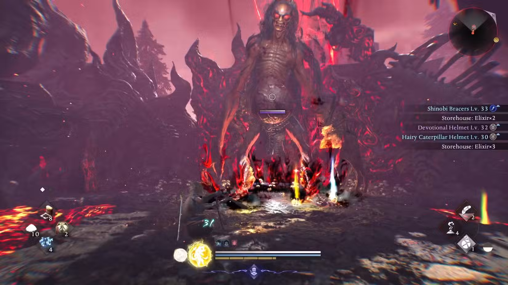 O jogador em Nioh 3 lutando contra um enorme Gaki, um demônio quase nu com olhos vermelhos.