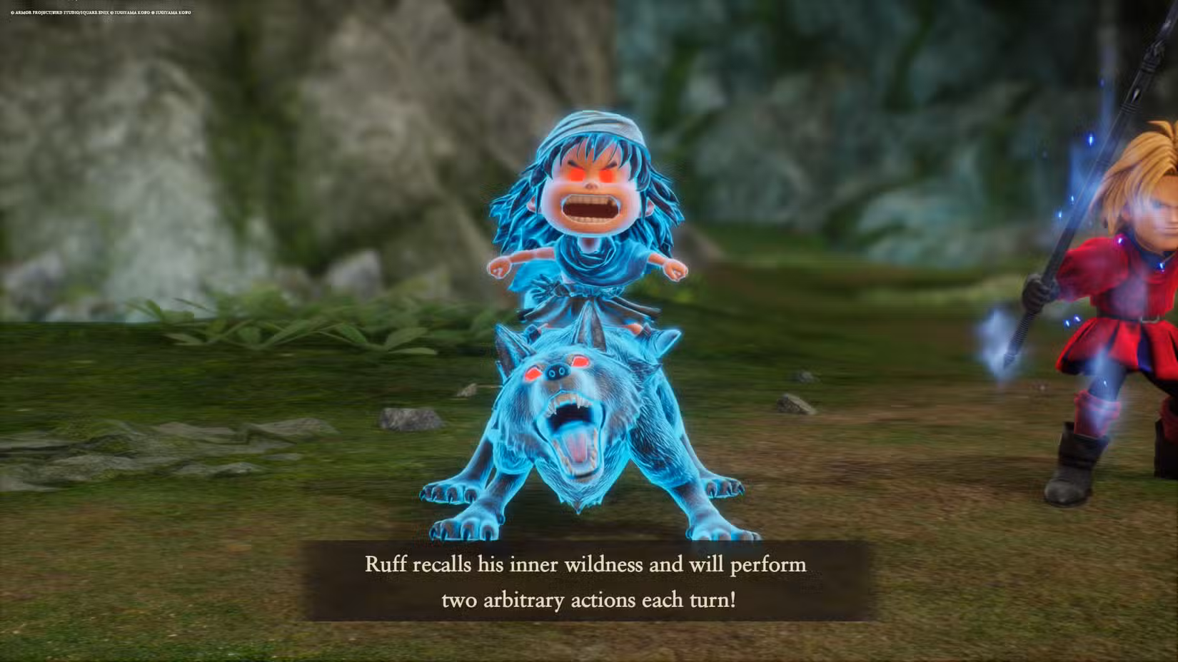 Uma captura de tela de Dragon Quest 7 Reimagined mostrando Ruff ativando sua habilidade especial
