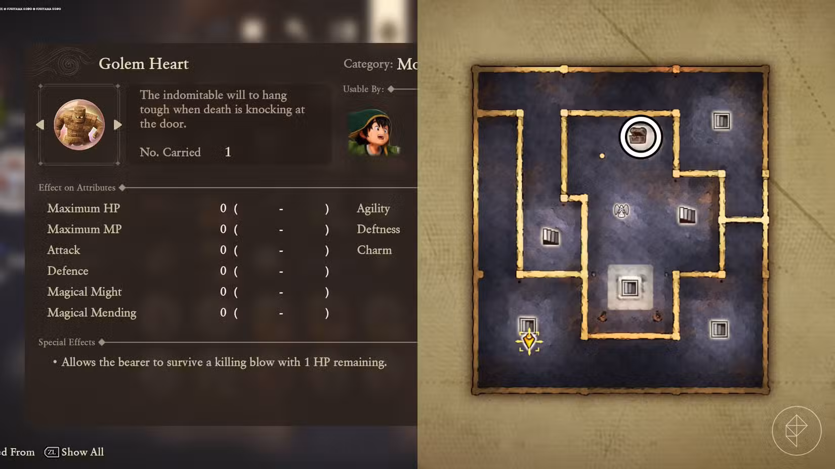 Uma montagem usando duas capturas de tela do Dragon Quest 7 Reimagined mostrando a localização do coração do golem