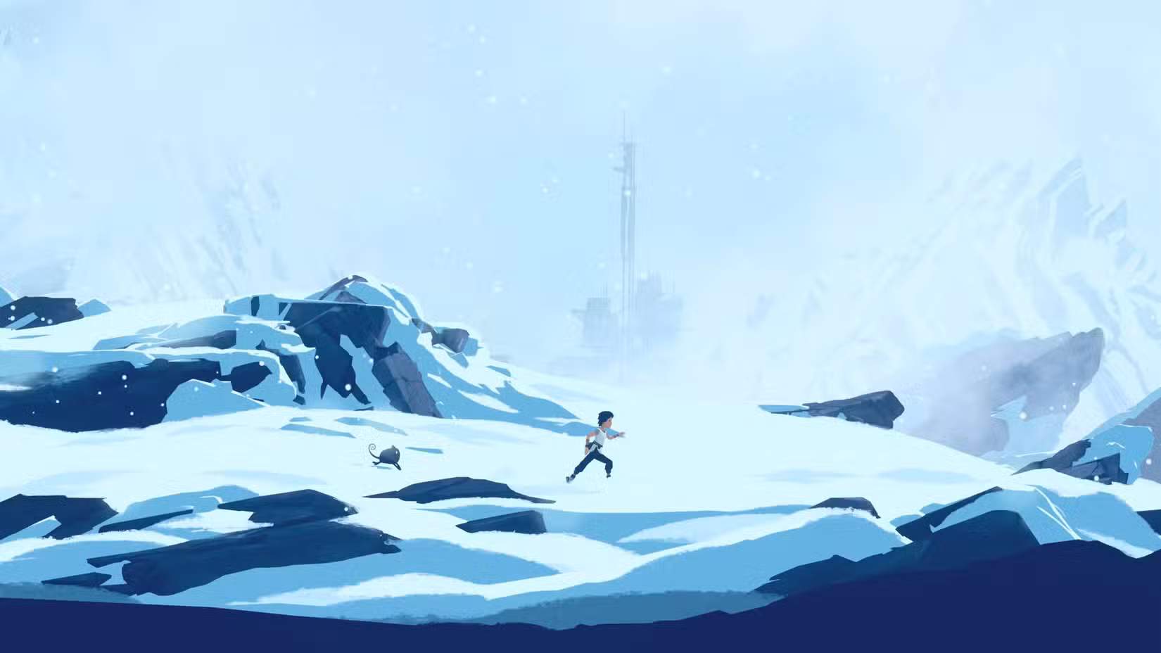 Lana, uma adolescente, corre por uma planície nevada com montanhas ao fundo seguida pela criatura felina Mui em Planeta de Lana 2